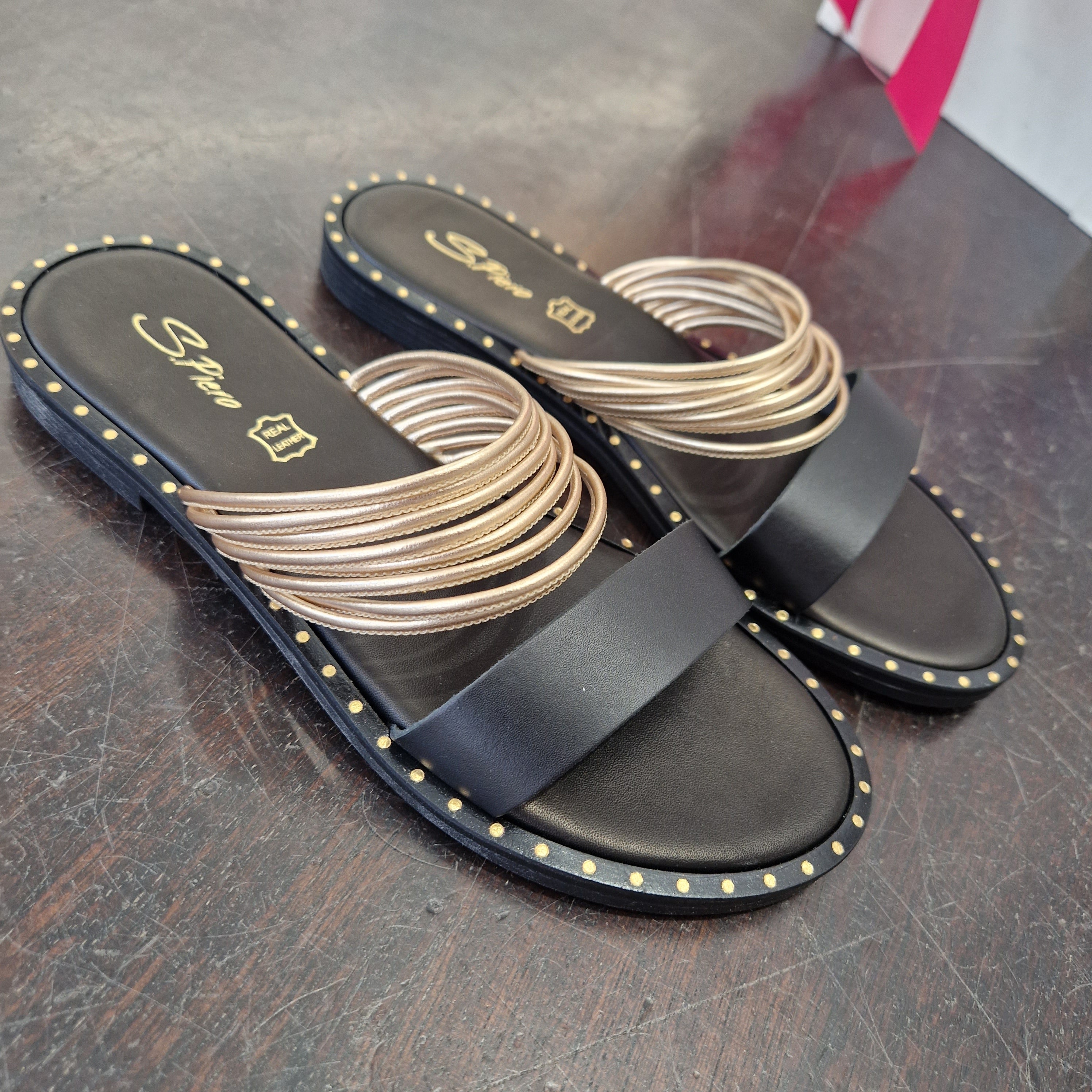 S. Piero black slipper gold straps