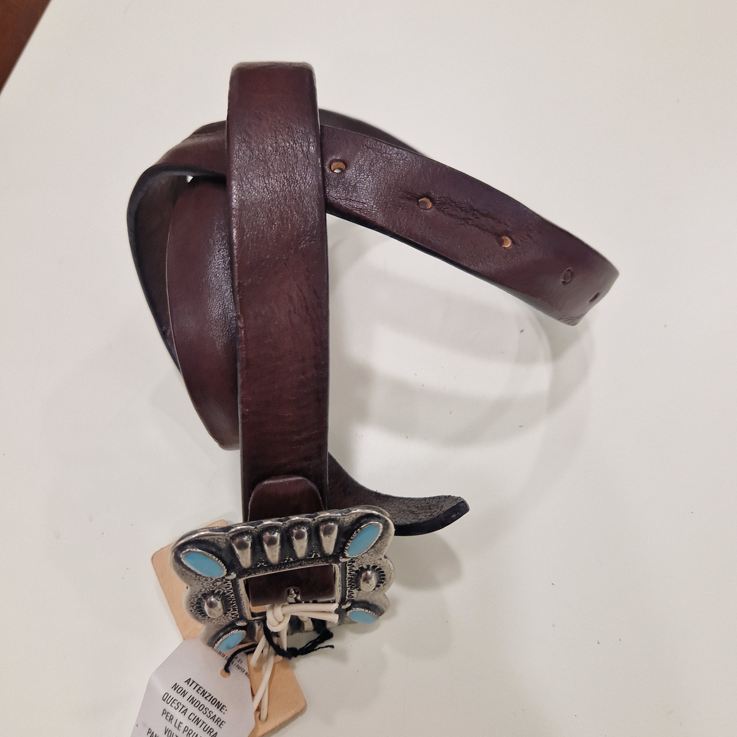 Alberto Luti cintura sottile in pelle con fibbia argento e turchese