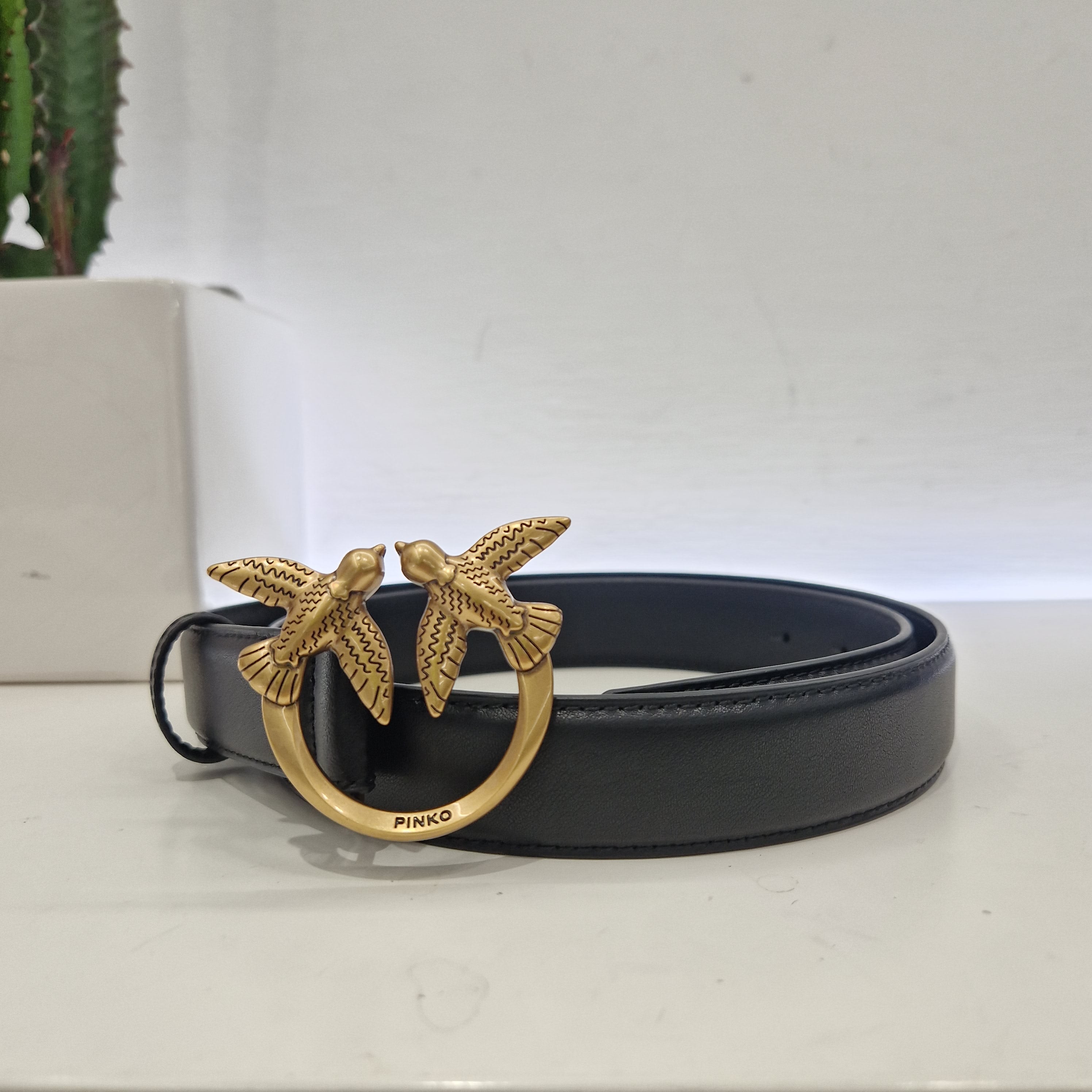 PINKO Cintura nera Love Birds in pelle 3cm FIBBIA ORO