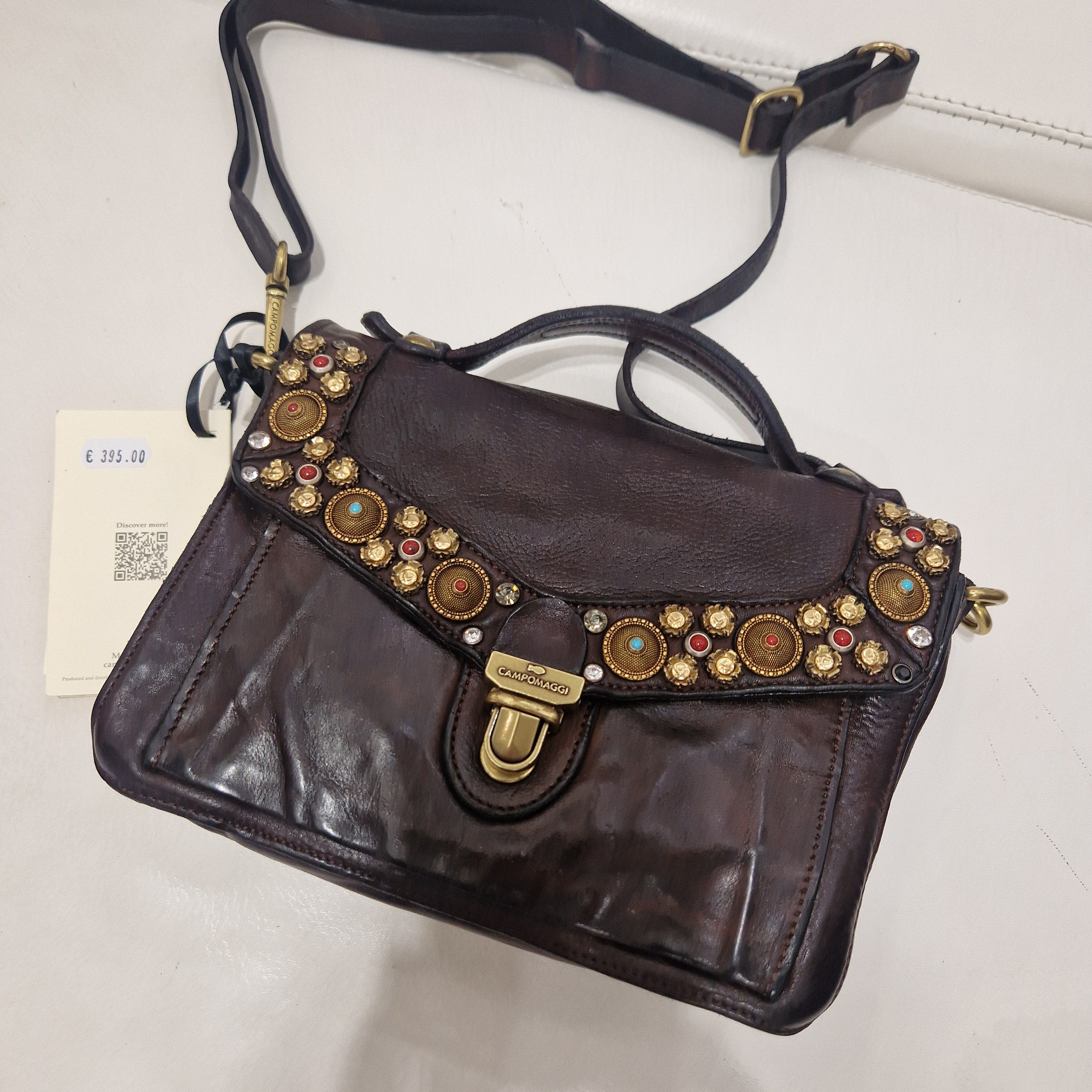 Campomaggi borsa color t.moro linea AURORA cartella in pelle con borchie e strass