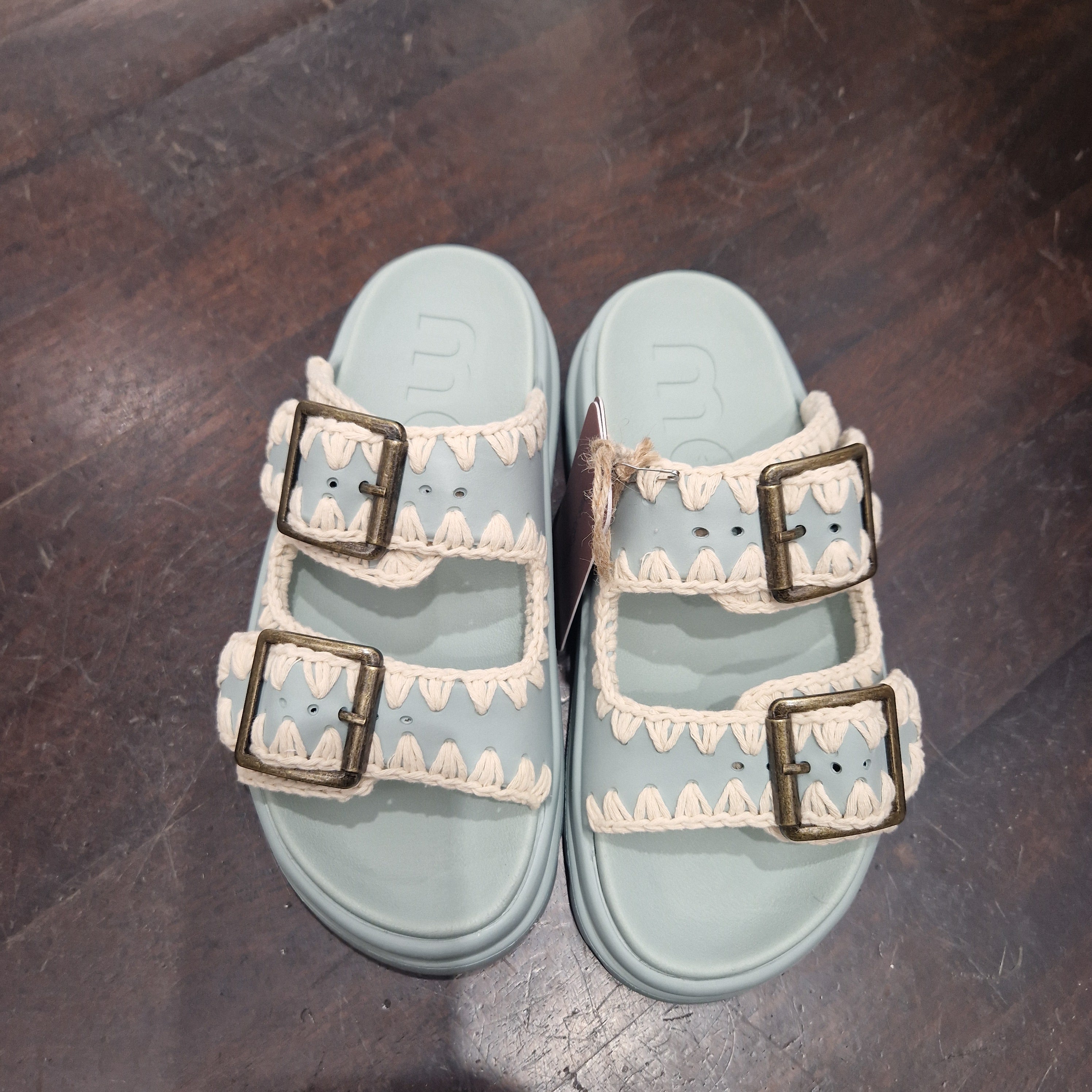Mou sandalo doppia fascia celeste chiaro Eva one-piece slide two buckles