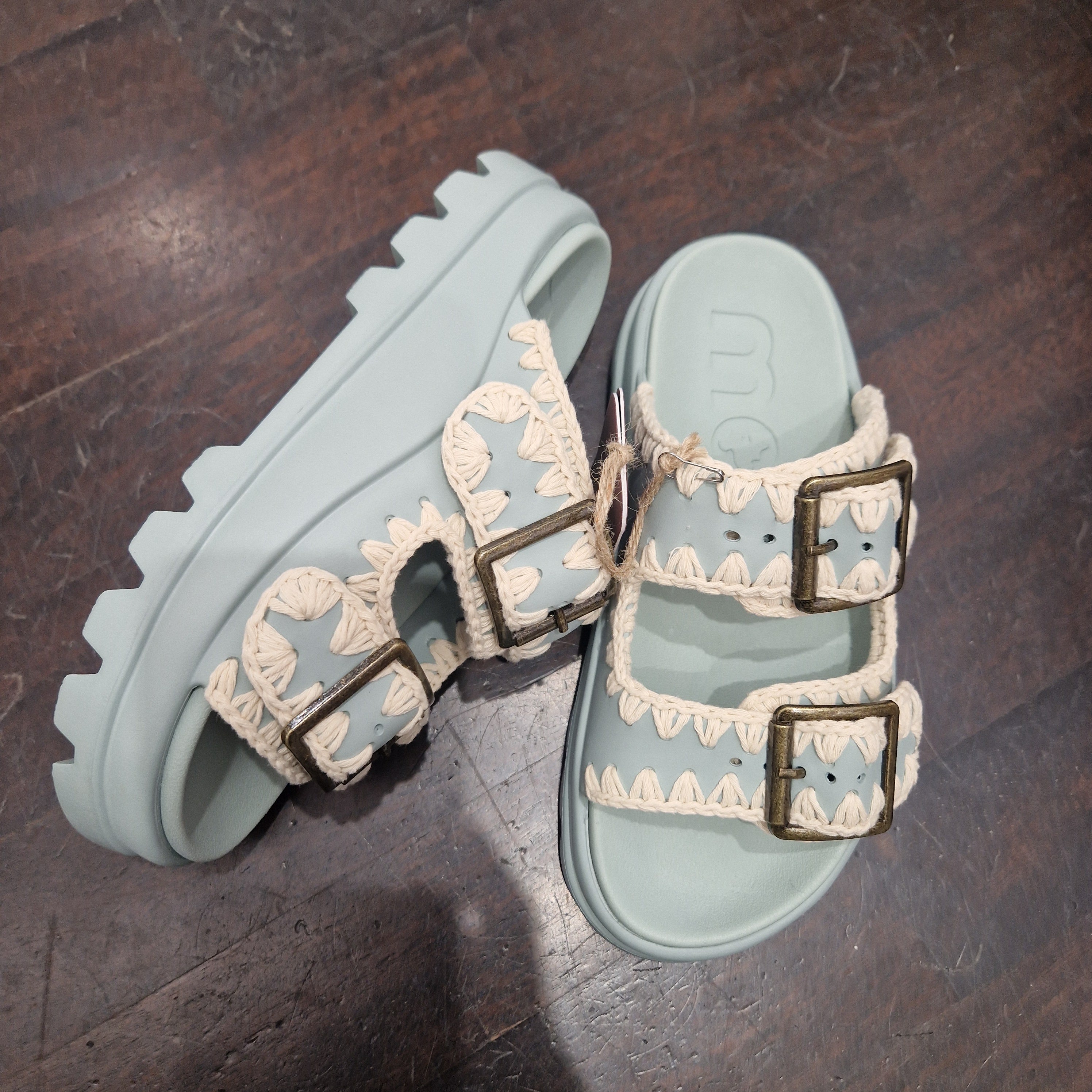 Mou sandalo doppia fascia celeste chiaro Eva one-piece slide two buckles