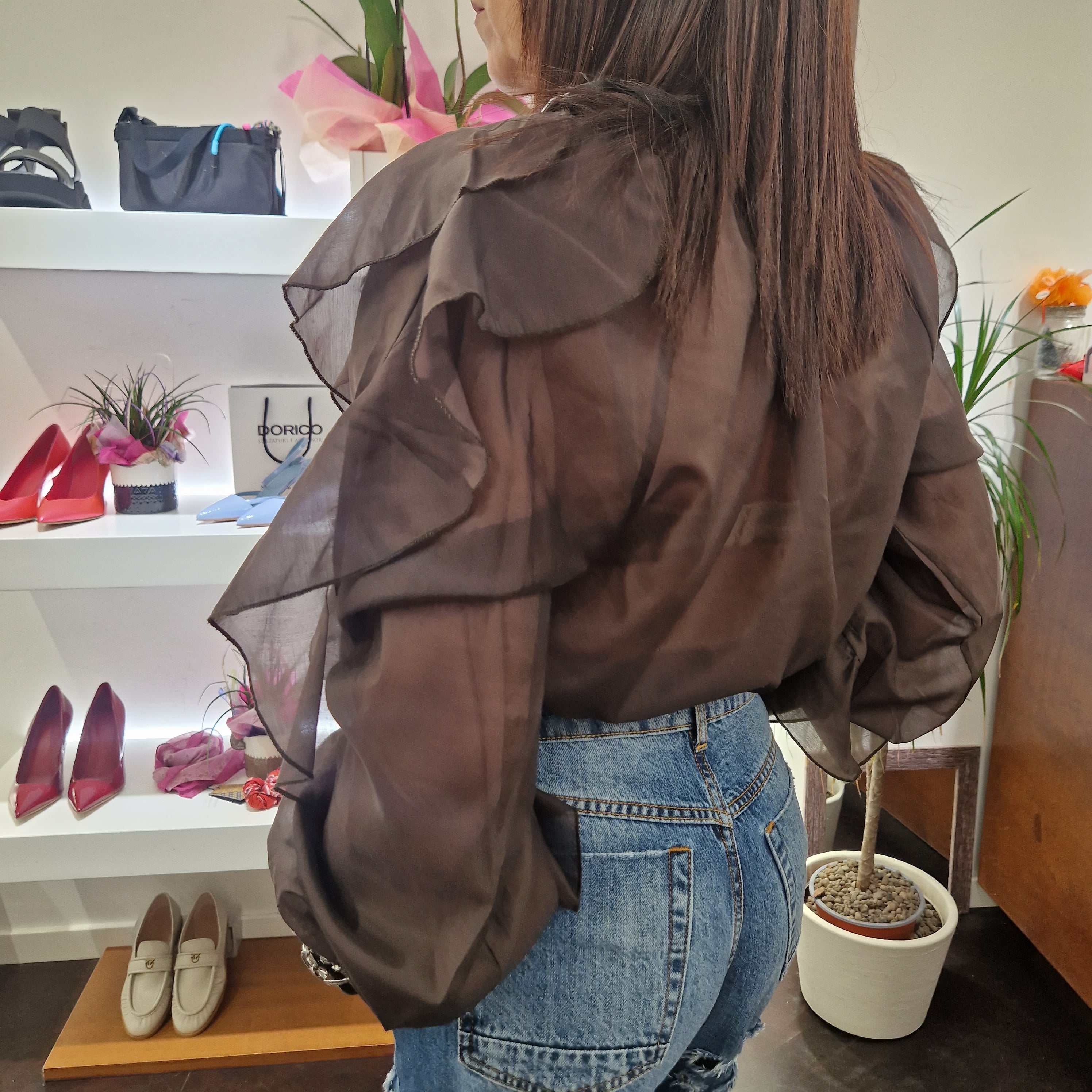 Kikisix camicia con rouches marrone scuro