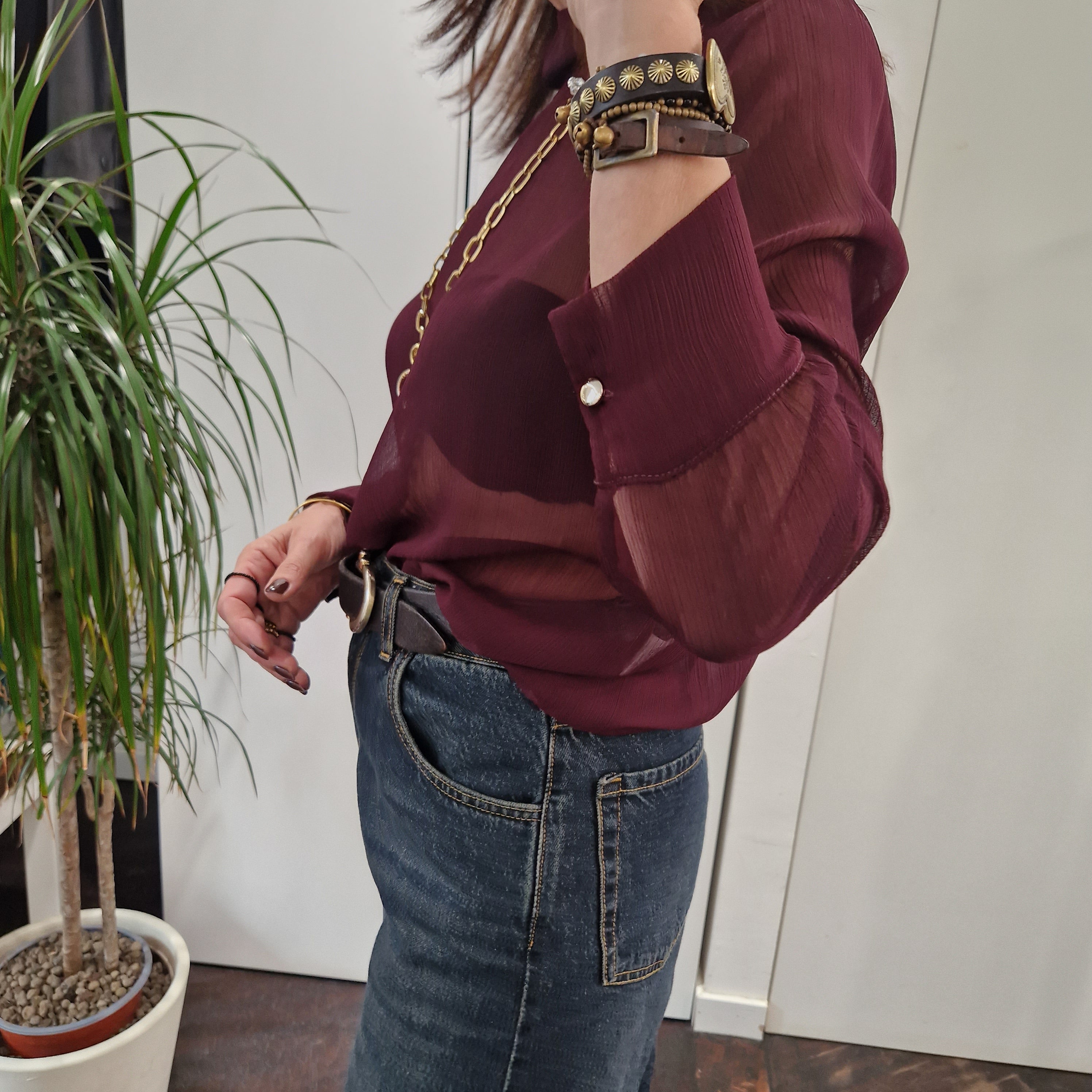 Kikisix camicia trasparente bordeaux collo alto
