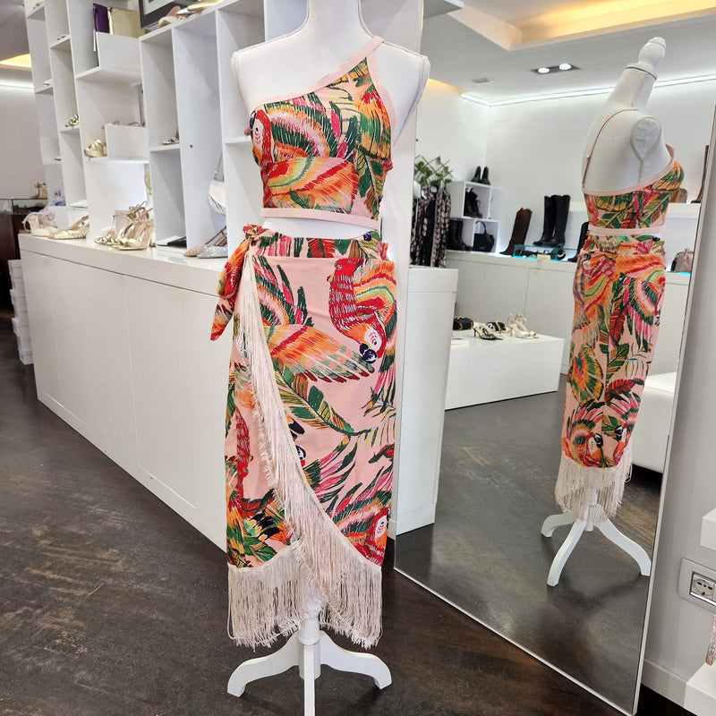 Costume due pezzi fantasia tropicale e pareo