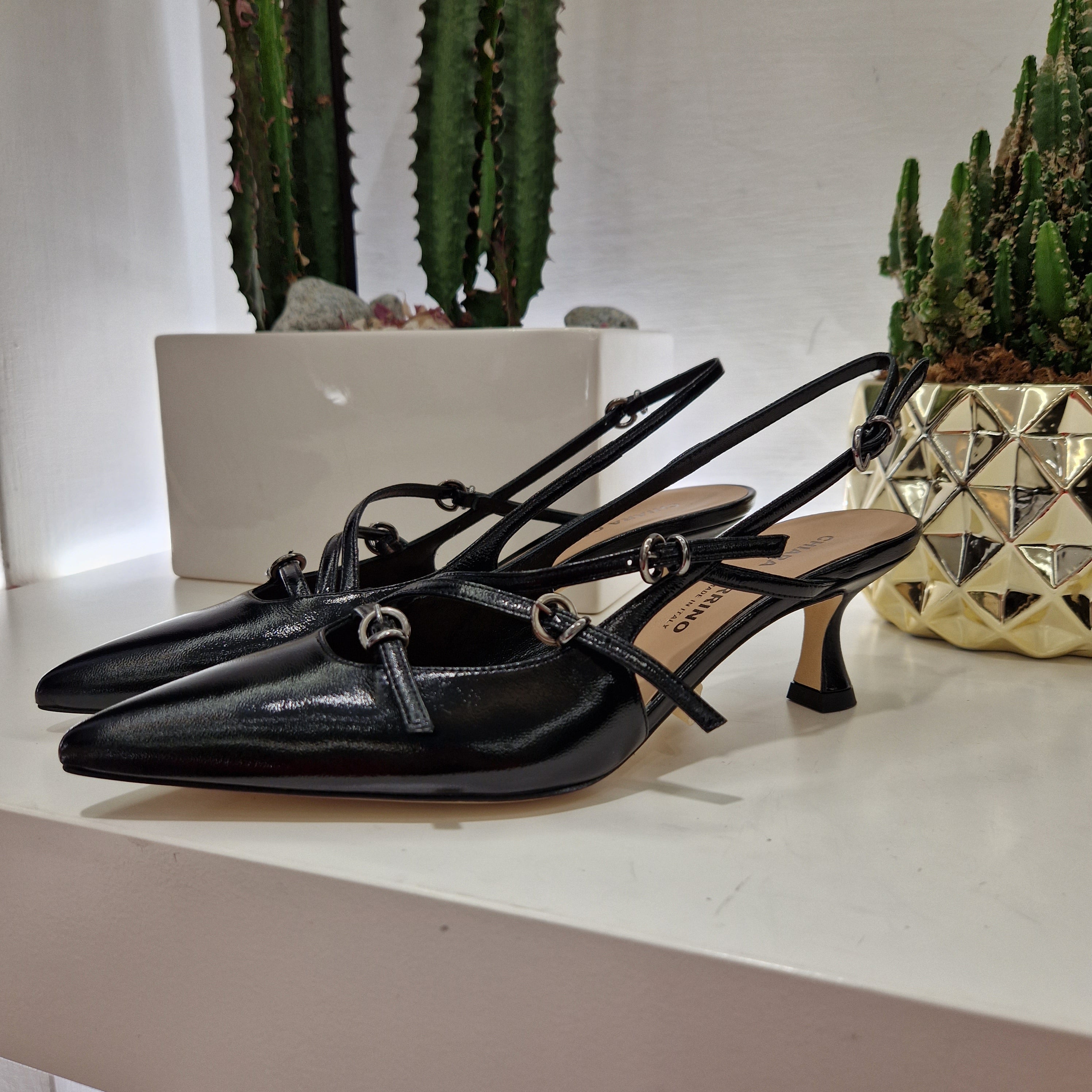 Patent leather shoe with black straps