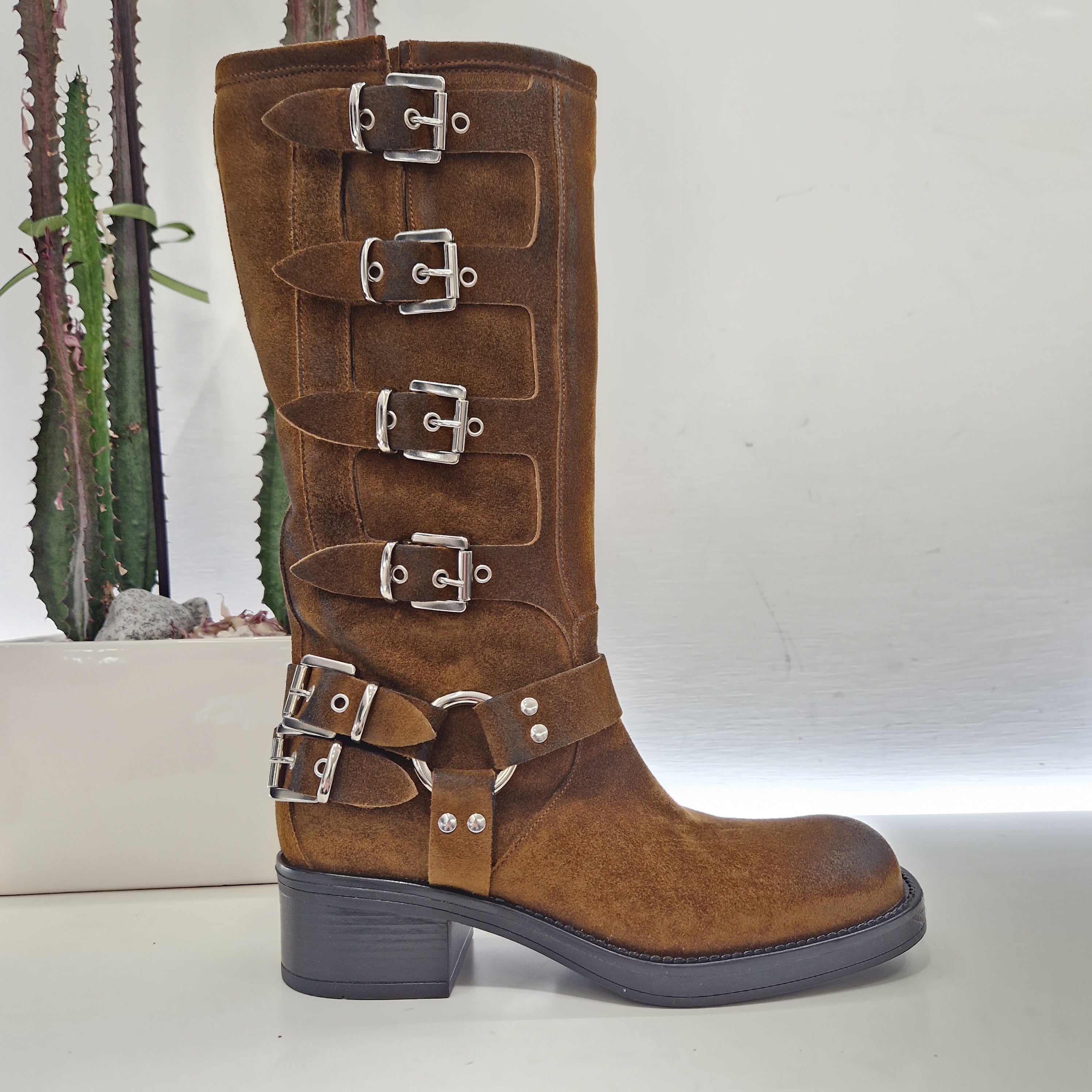 Biker fibbie suede cuoio