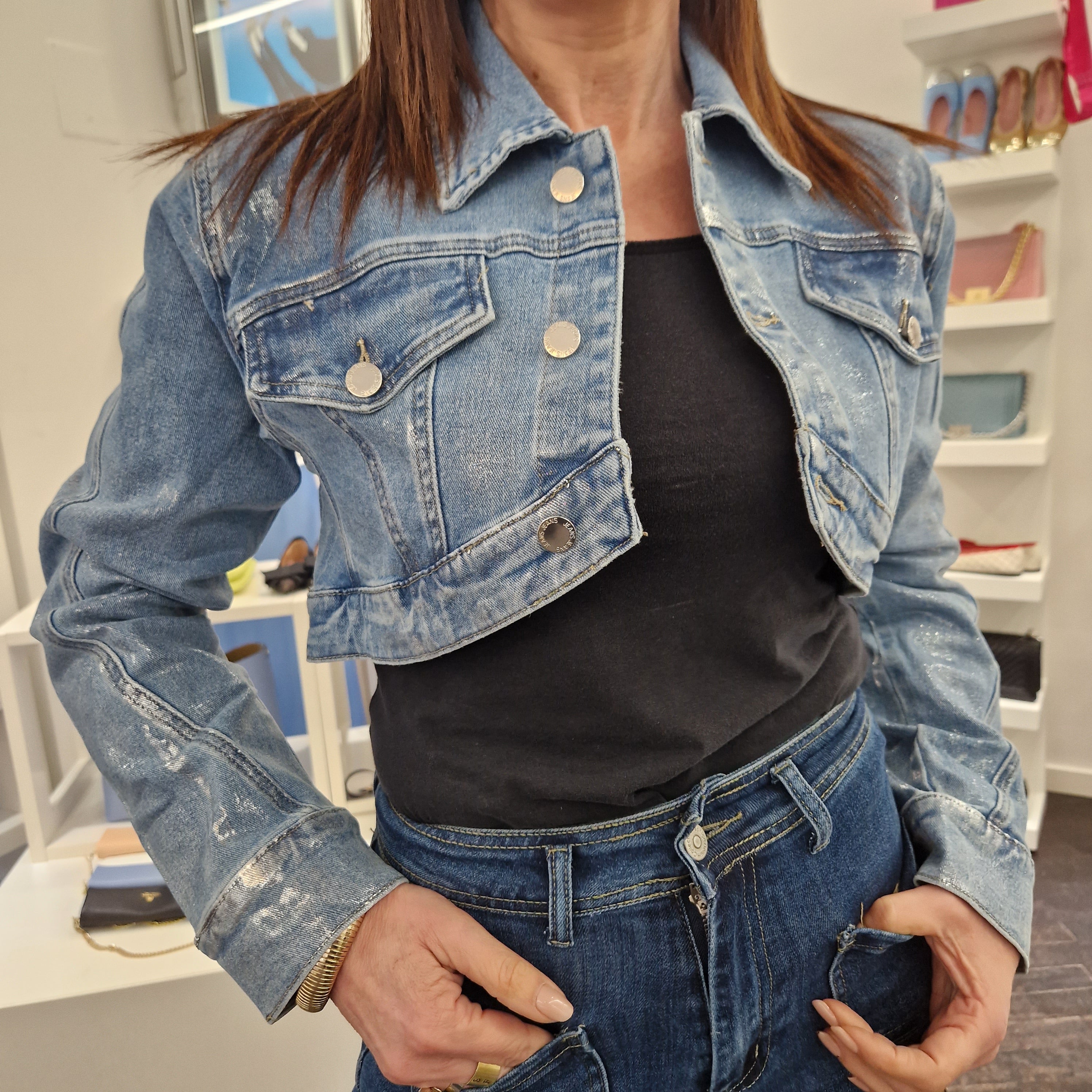 Giacca jeans laminatura argento