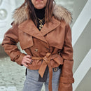 Giacca FLO E CLO in vera pelle color cuoio collo in realfur