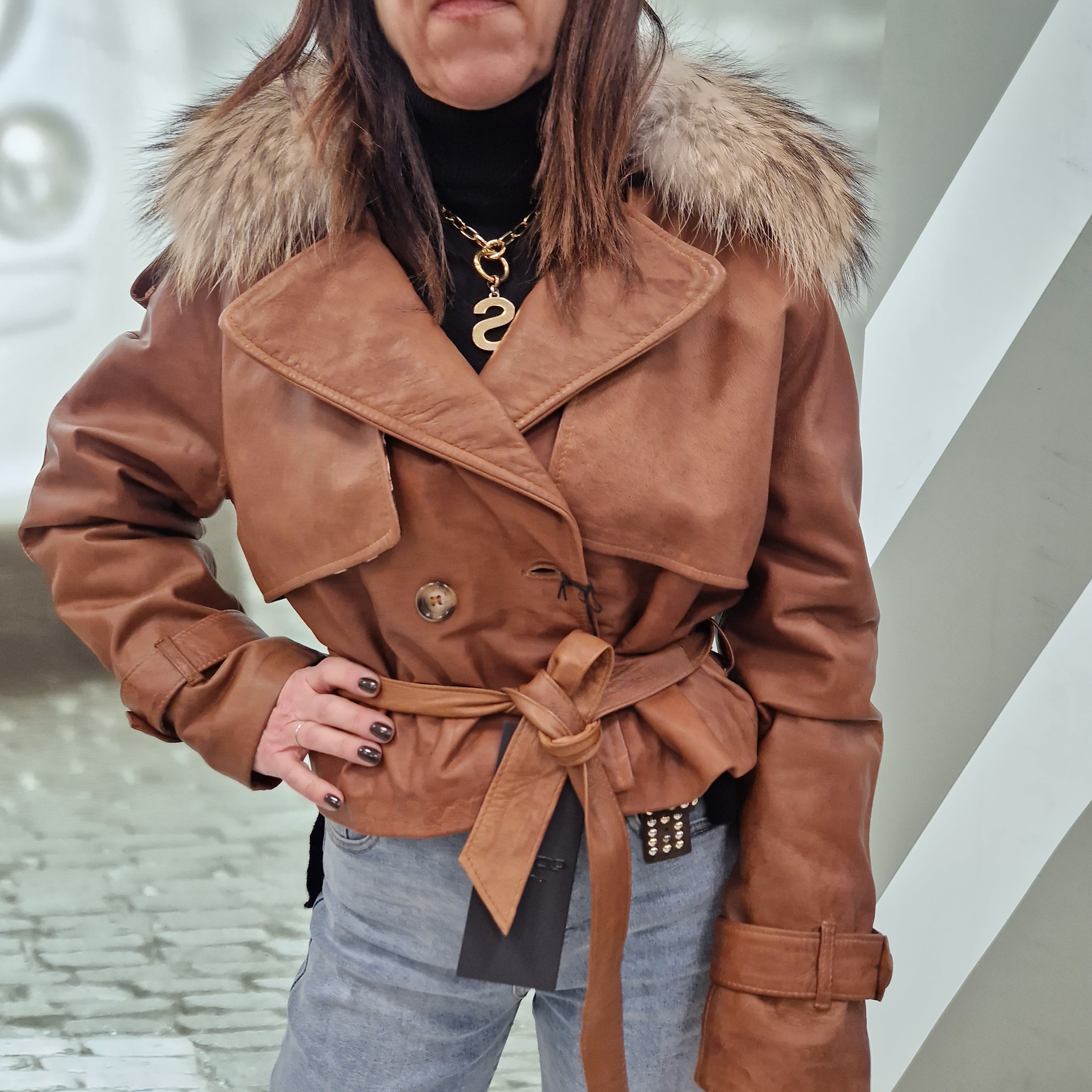 Giacca FLO E CLO in vera pelle color cuoio collo in realfur