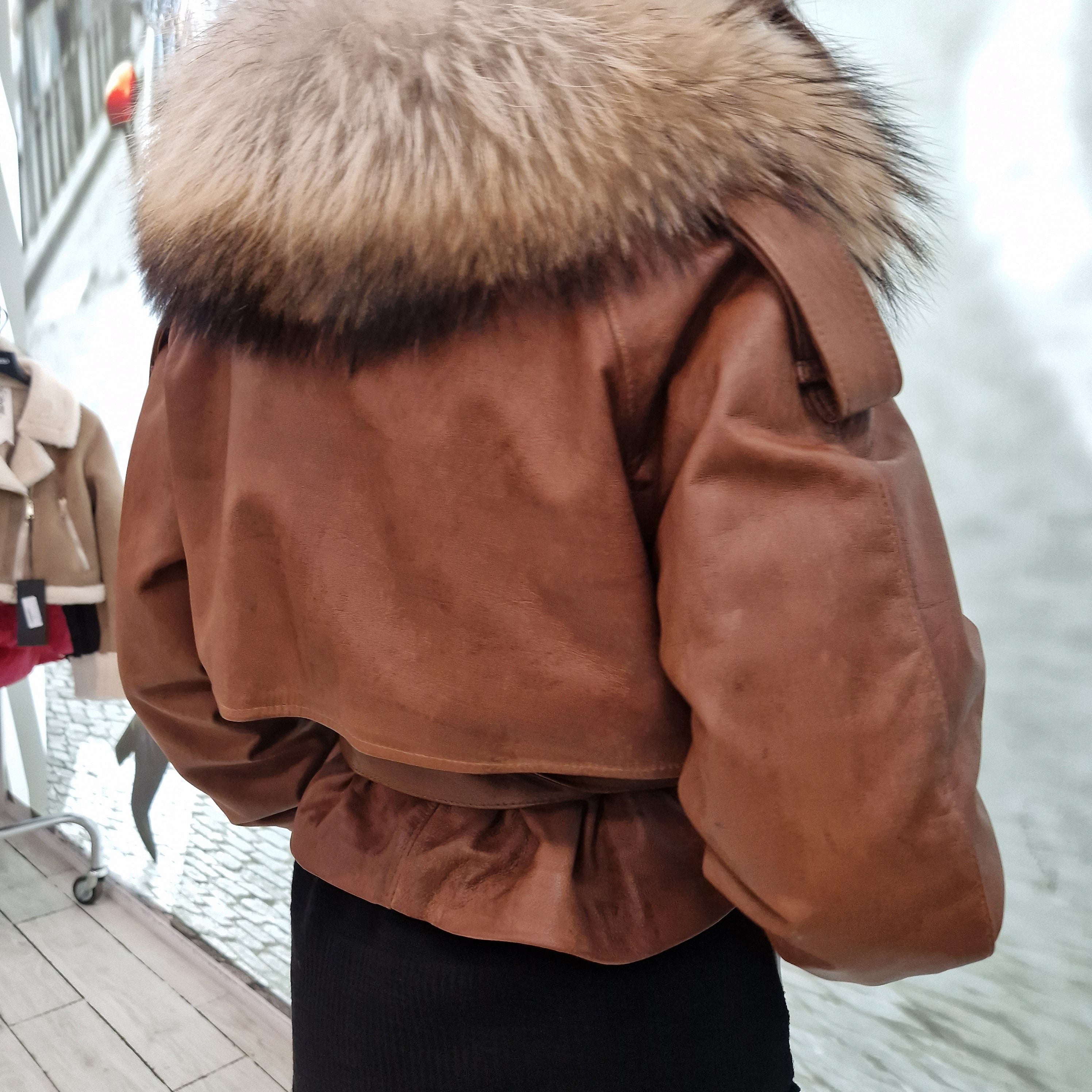 Giacca FLO E CLO in vera pelle color cuoio collo in realfur