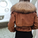 Giacca FLO E CLO in vera pelle color cuoio collo in realfur