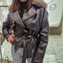 Giacca FLO E CLO in vera pelle nera collo in realfur