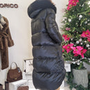Giacca lunga in piuma FLO E CLO nera interno stampa leo