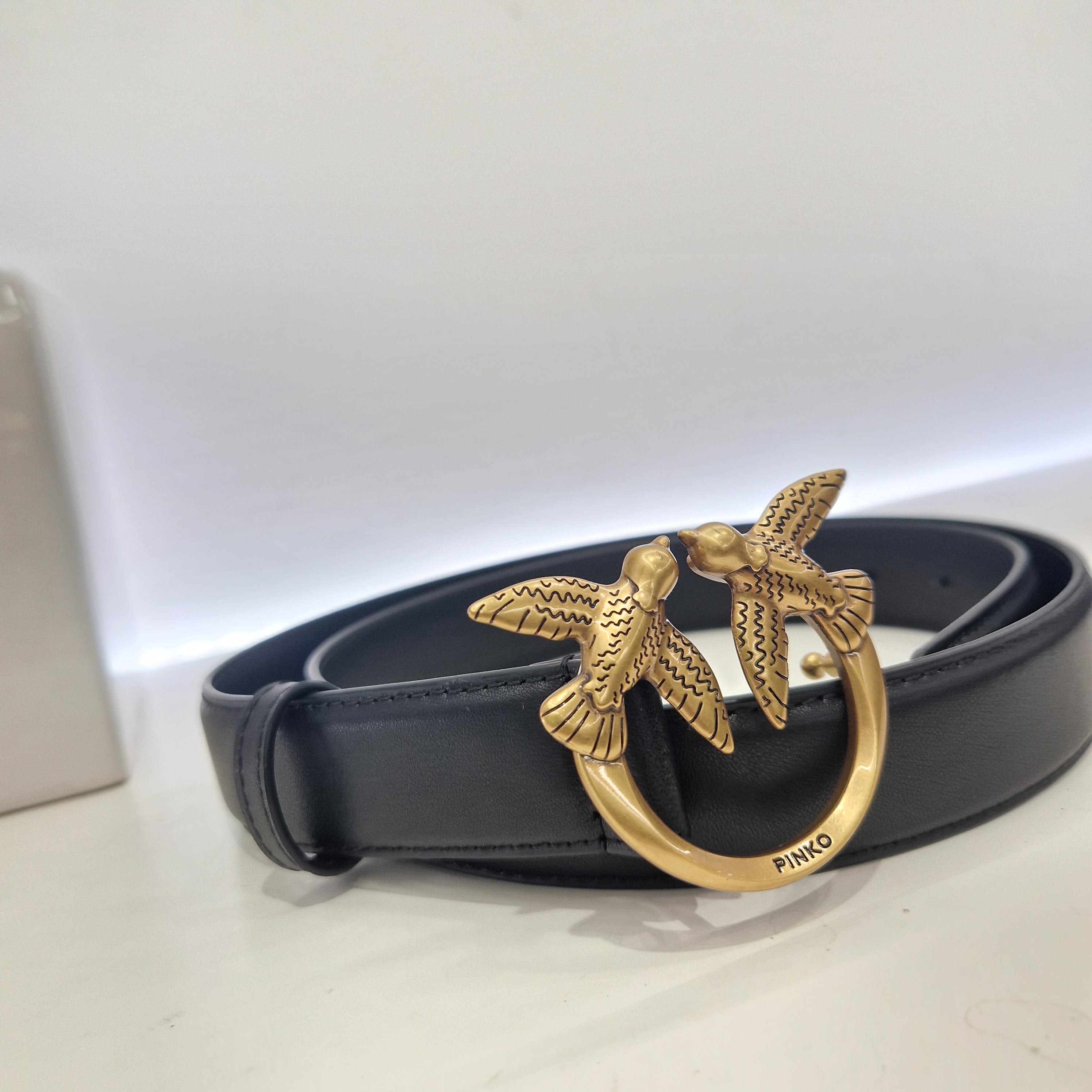 PINKO Cintura nera Love Birds in pelle 3cm FIBBIA ORO