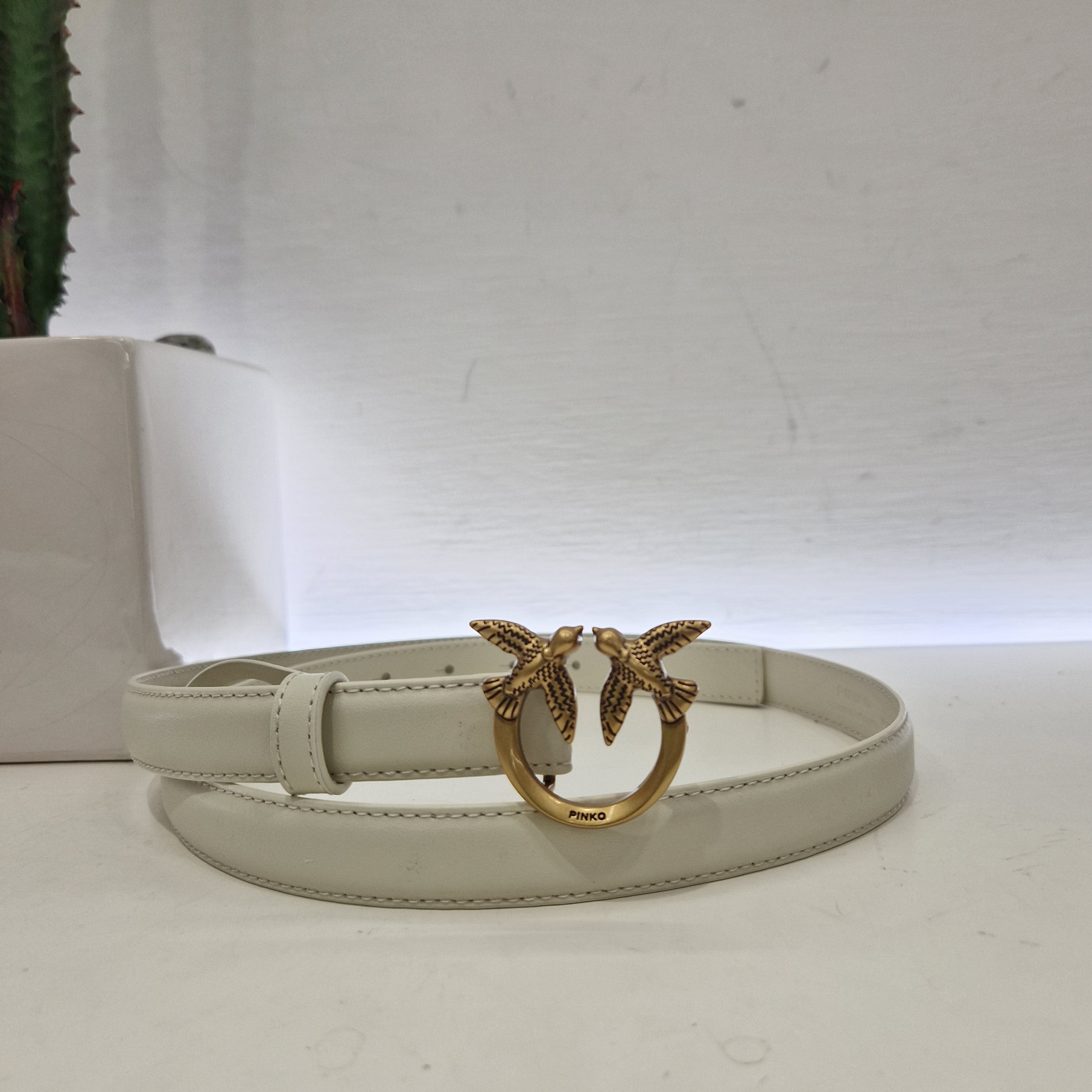 PINKO Cintura color panna  sottile Love Birds in pelle 2cm