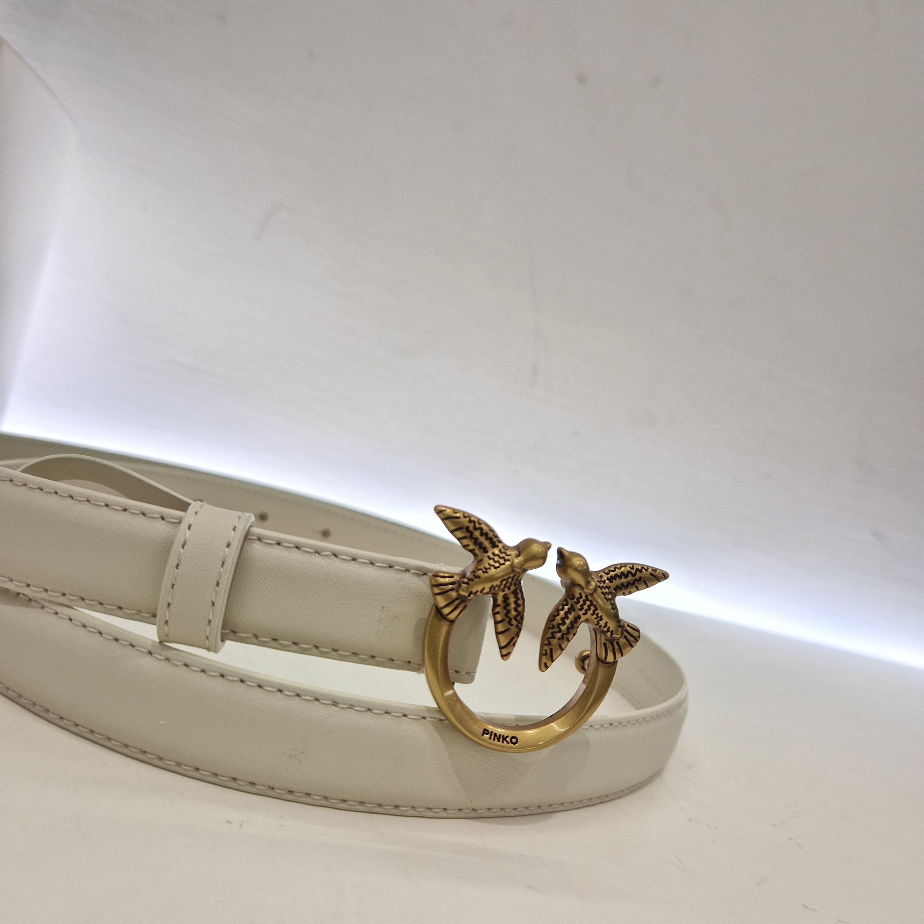 PINKO Cintura color panna  sottile Love Birds in pelle 2cm