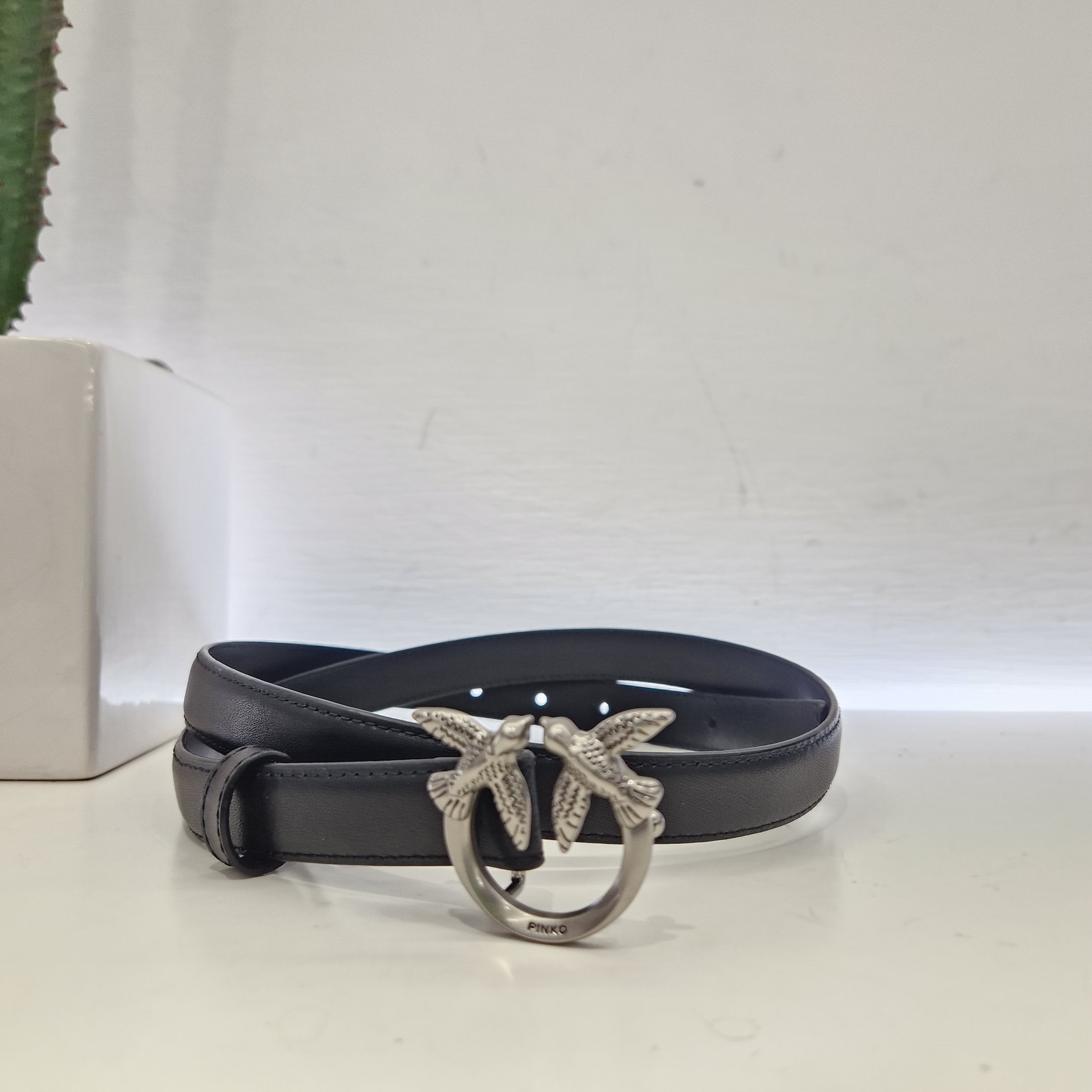 PINKO Cintura  sottile Love Birds in pelle 2cm fibbia argento