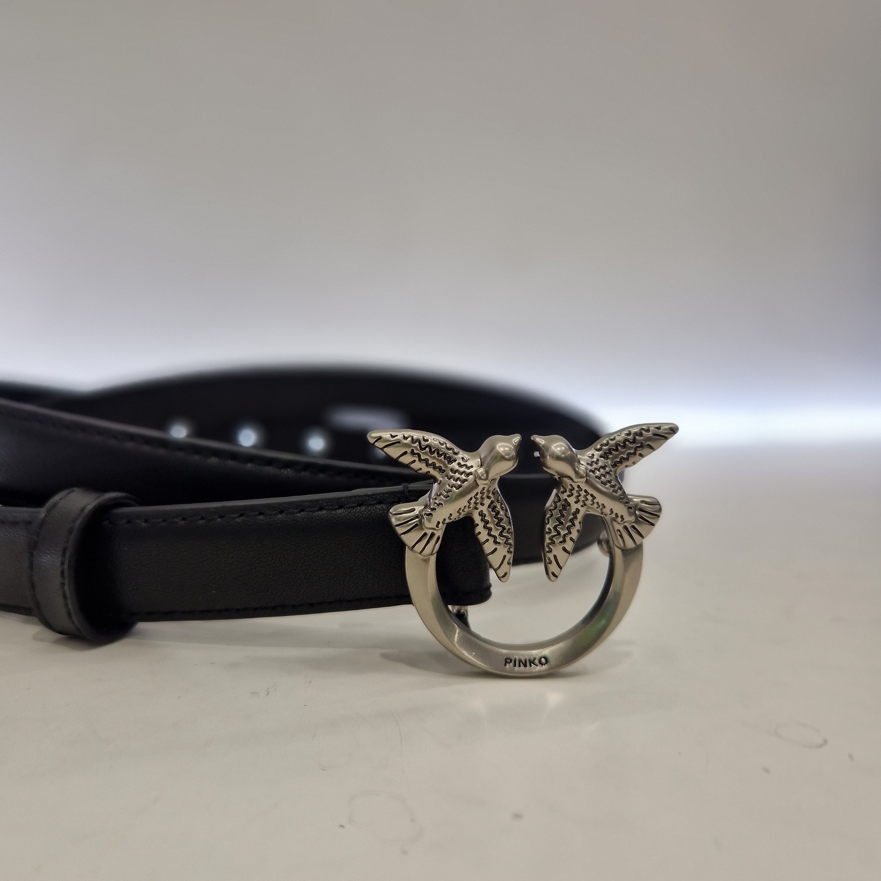 PINKO Cintura  sottile Love Birds in pelle 2cm fibbia argento