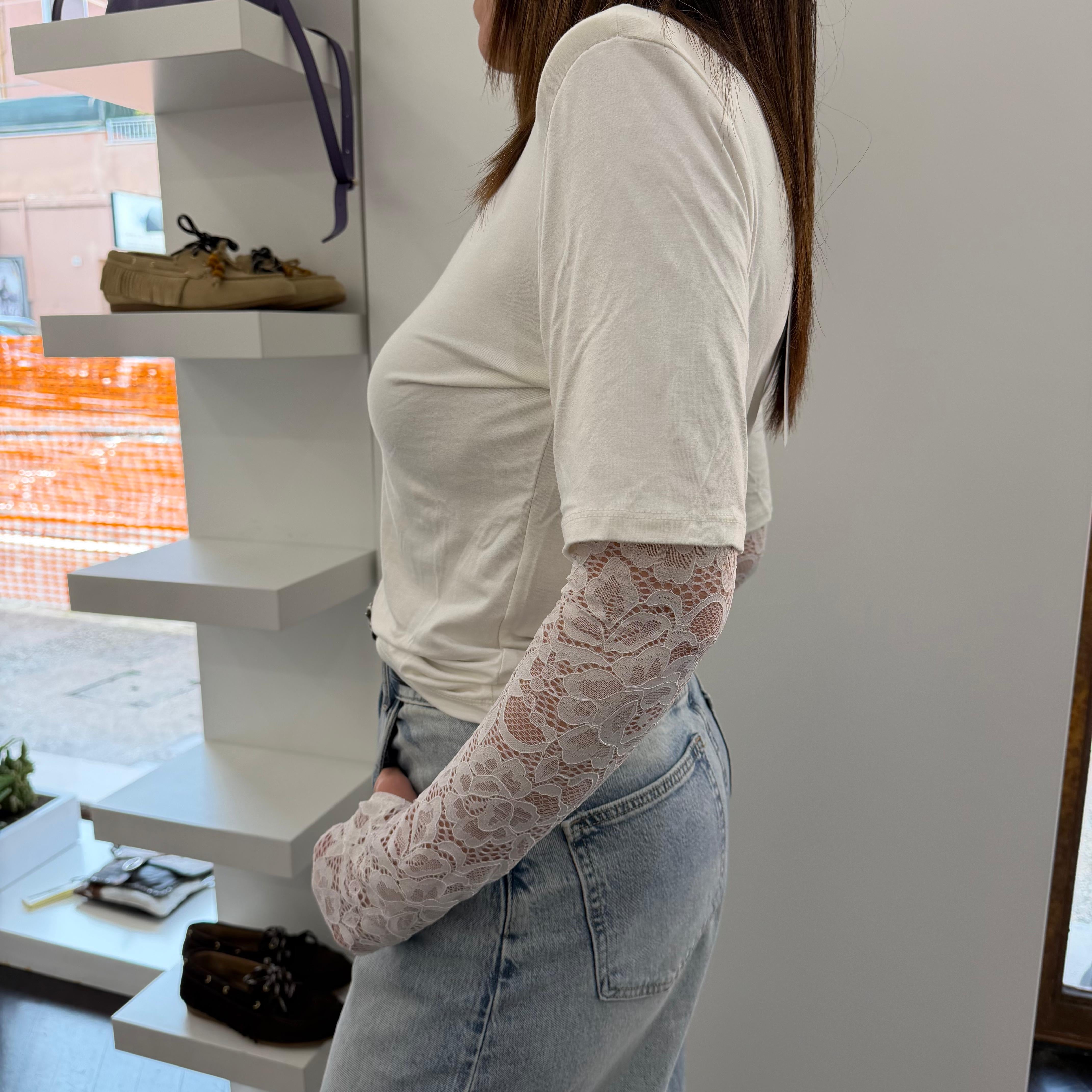 T-shirt bianca maniche lunghe in pizzo