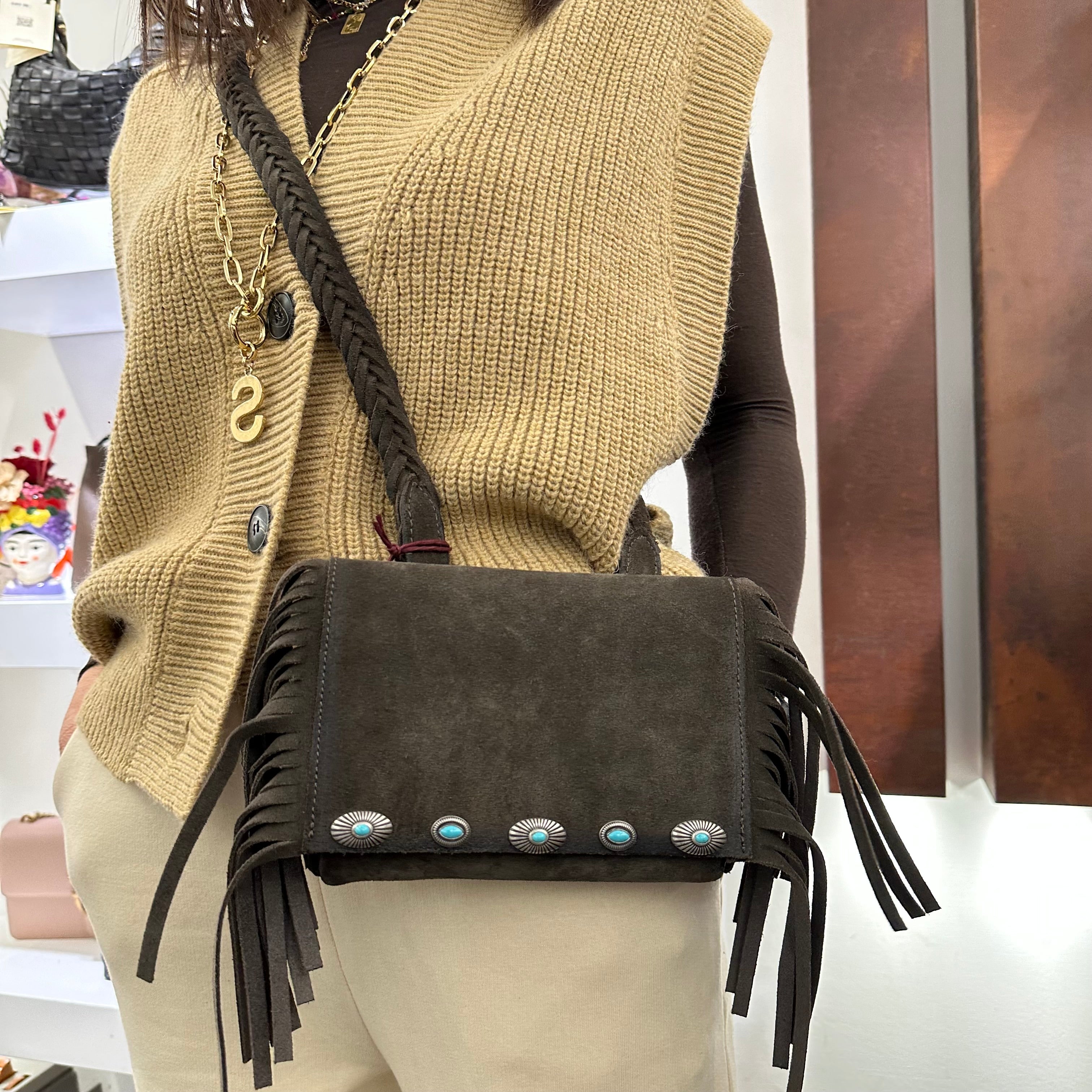 Alberto Luti borsa frange piccola moro