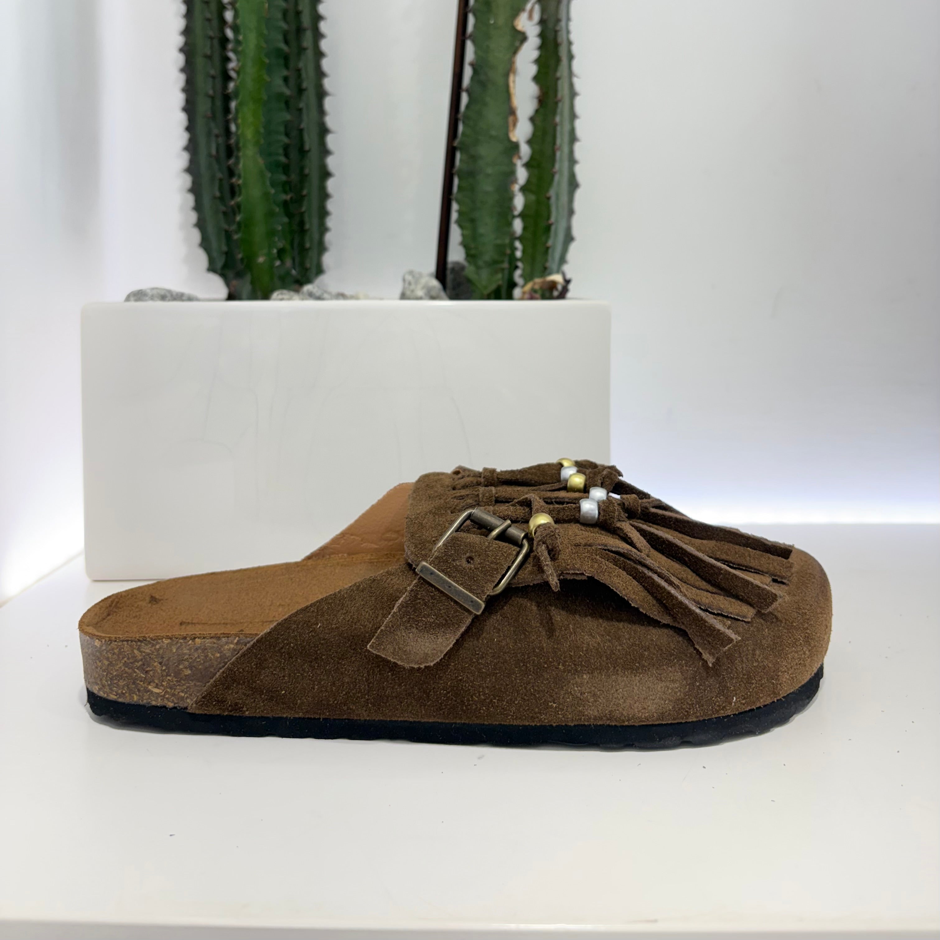 Sabot marrone perline oro e argento