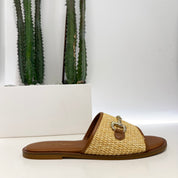 Ciabatta rafia intrecciata sabbia accessorio morsetto oro