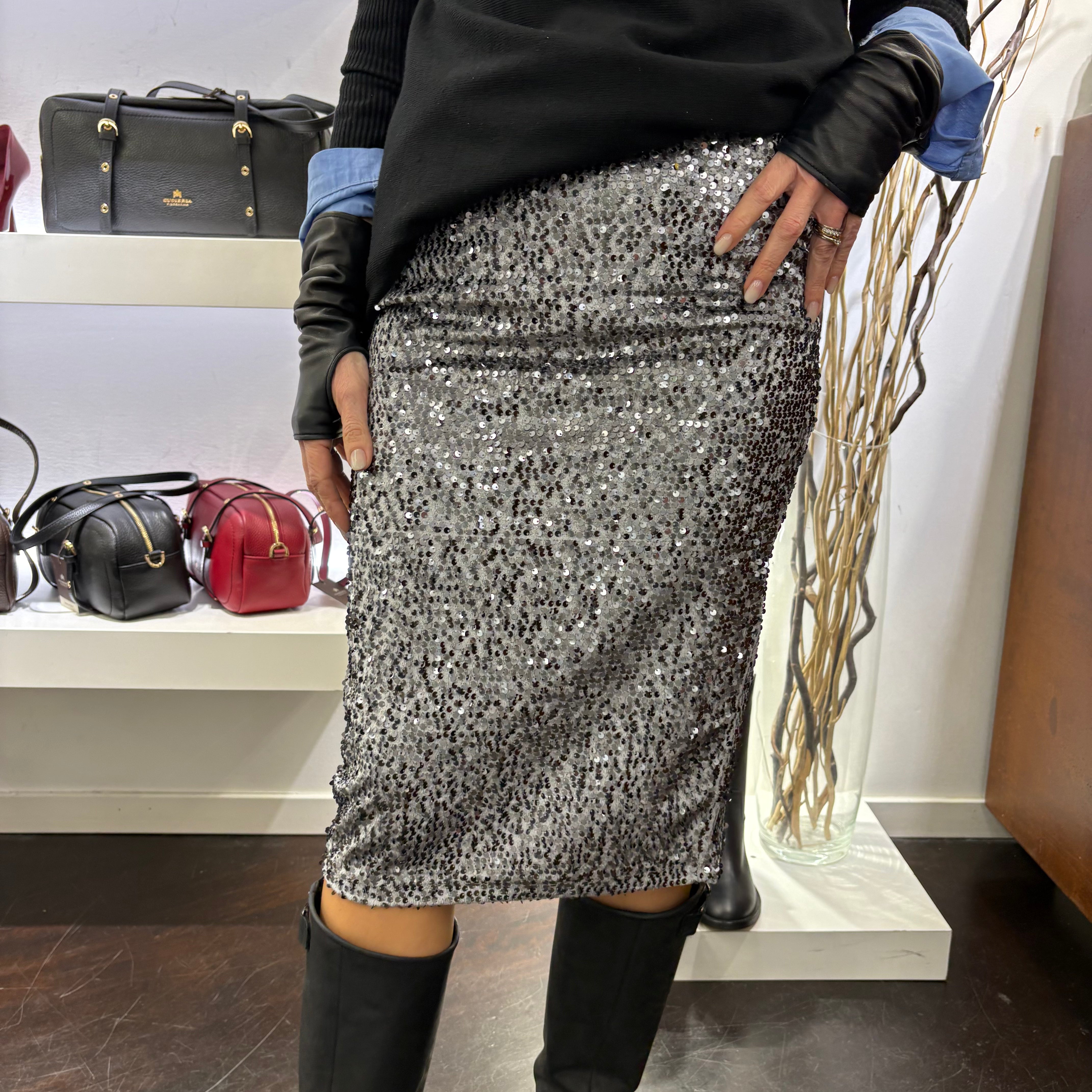 Gonna louguette paillettes grigio/argento