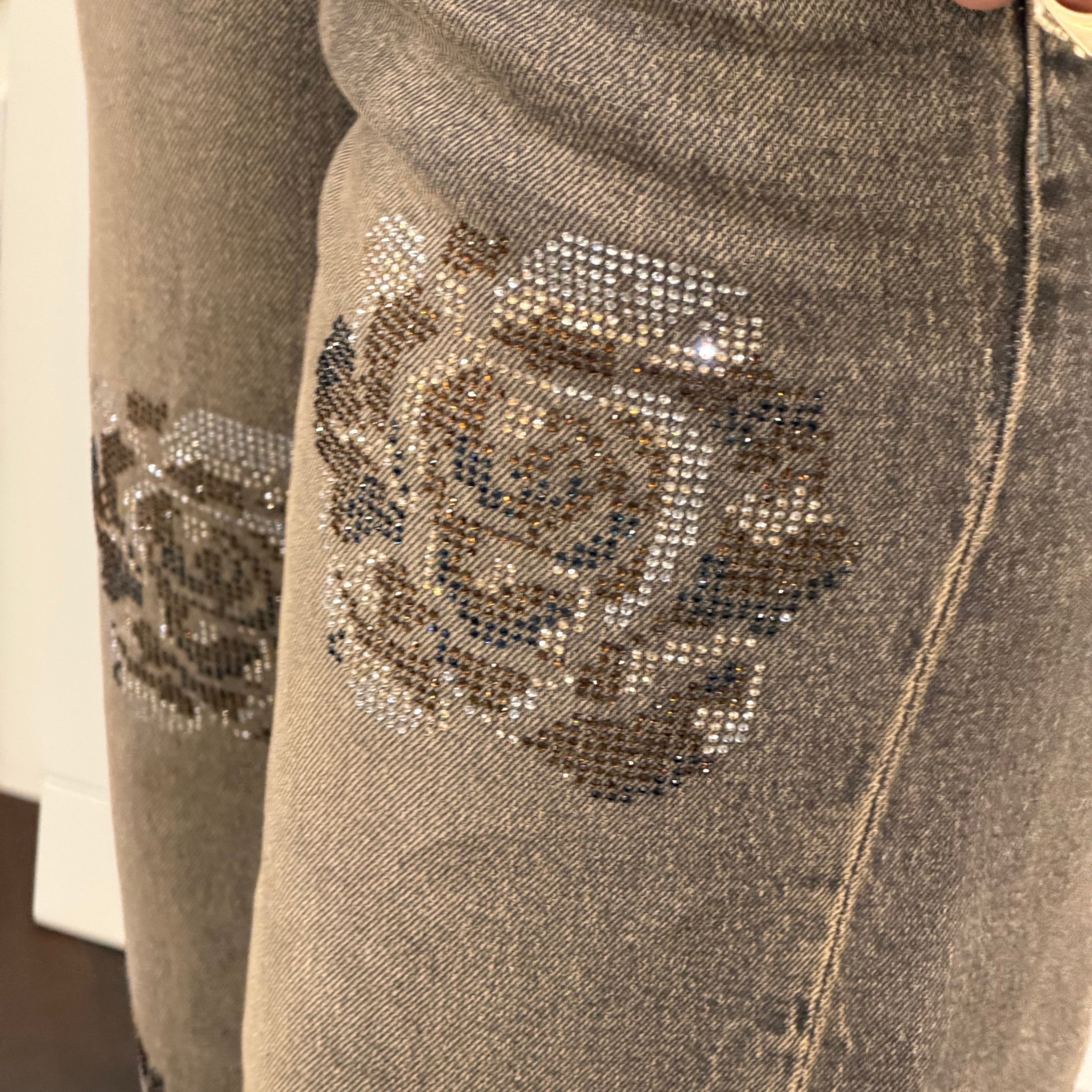 Pantalone jeans FIORI strass grigio
