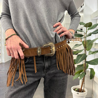 Alberto Luti cintura suede con frange e borchie color argento MAXI FIBBIA