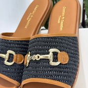 Ciabatta rafia intrecciata nero accessorio morsetto oro