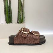 Sandalo ciabatta plateau 2 fasce intrecciate color moro