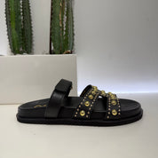 Ciabatta EMMA nera borchie oro strap