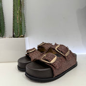 Sandalo ciabatta plateau 2 fasce intrecciate color moro