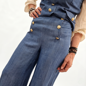 Pantalone denim bottoni oro