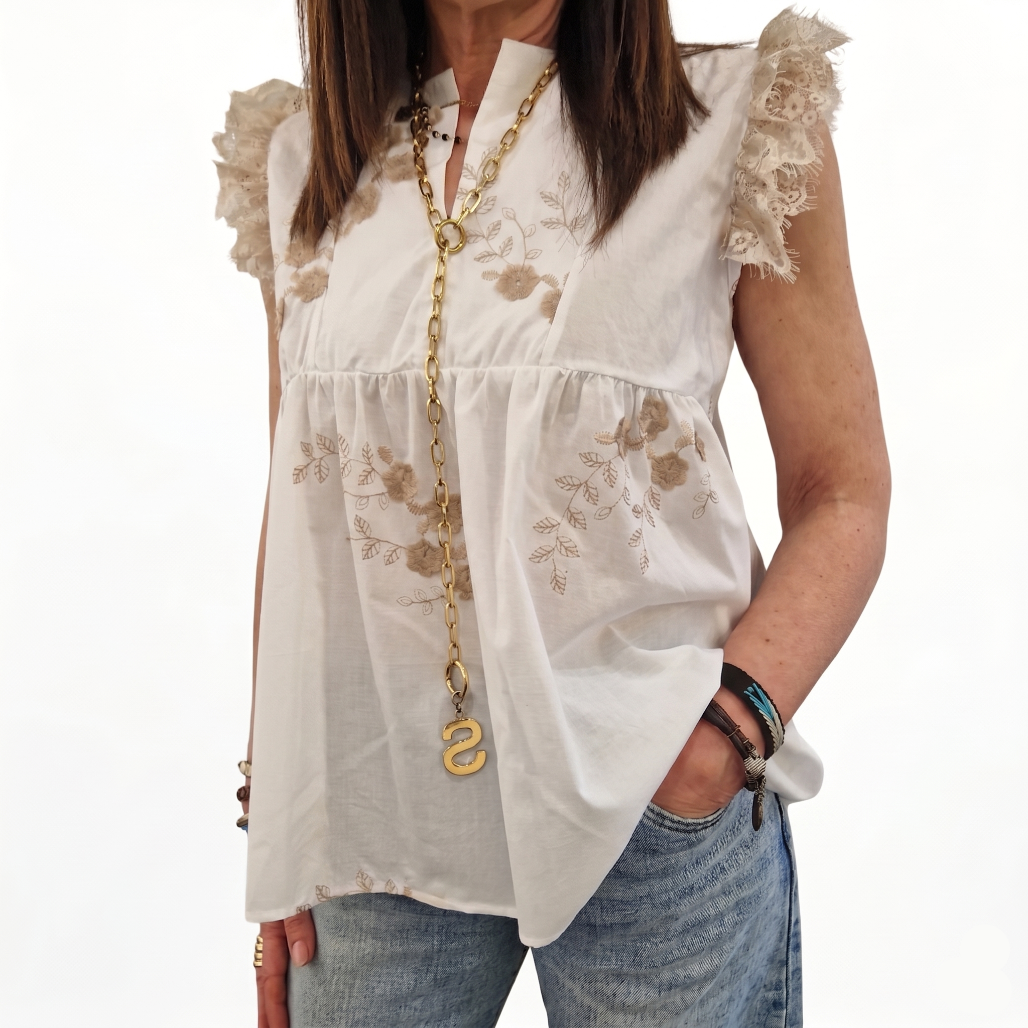 Camicia smanicata pizzo fiori ricamati