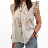 Camicia smanicata pizzo fiori ricamati