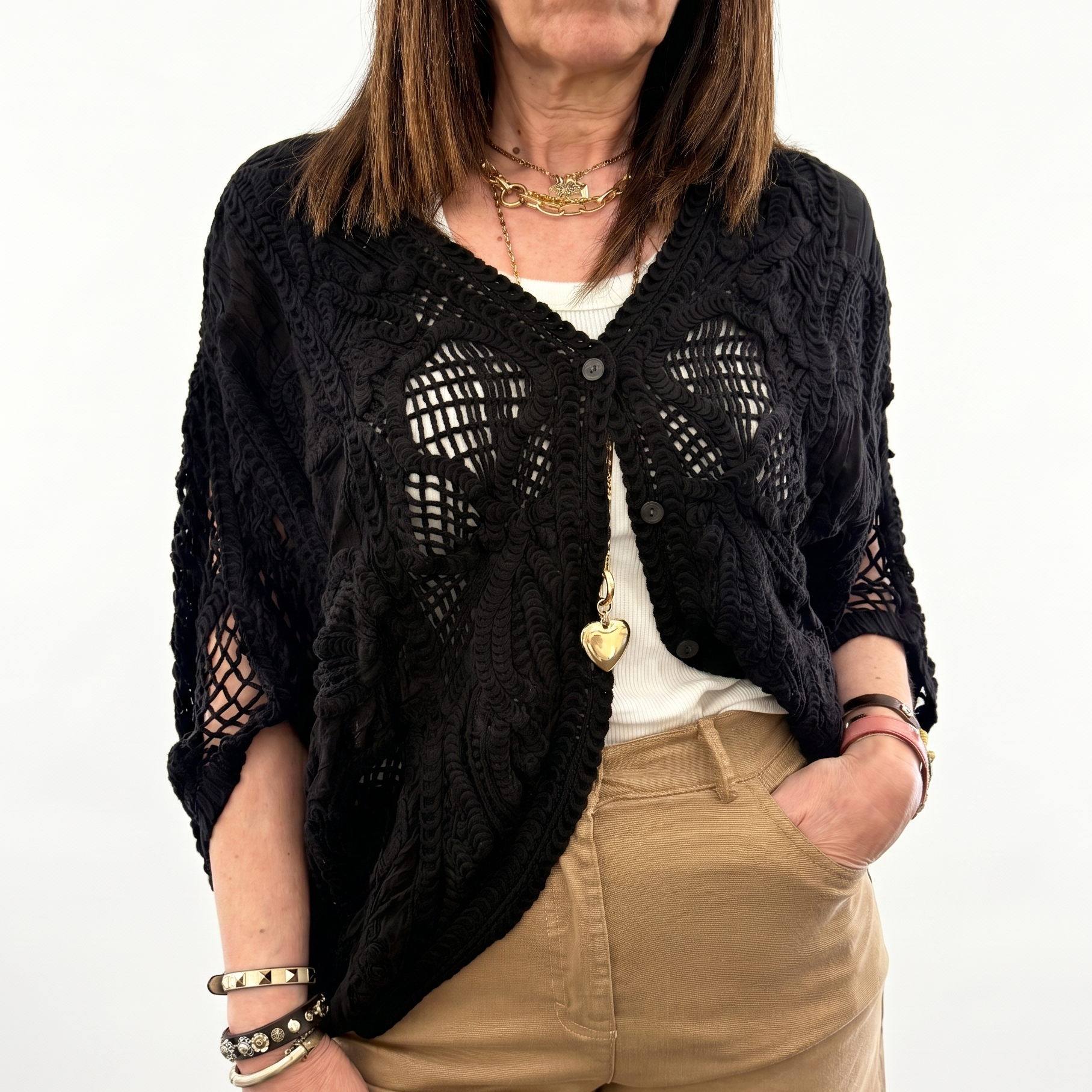 Cardigan in maglia traforata nera