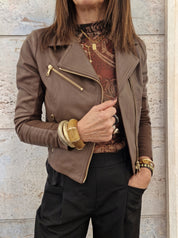 Giacca SOFIA  modello chiodo in vera pelle color caffelatte