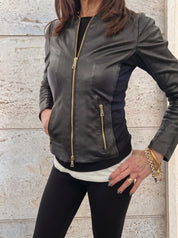 Long jacket in real leather with stretch fabric