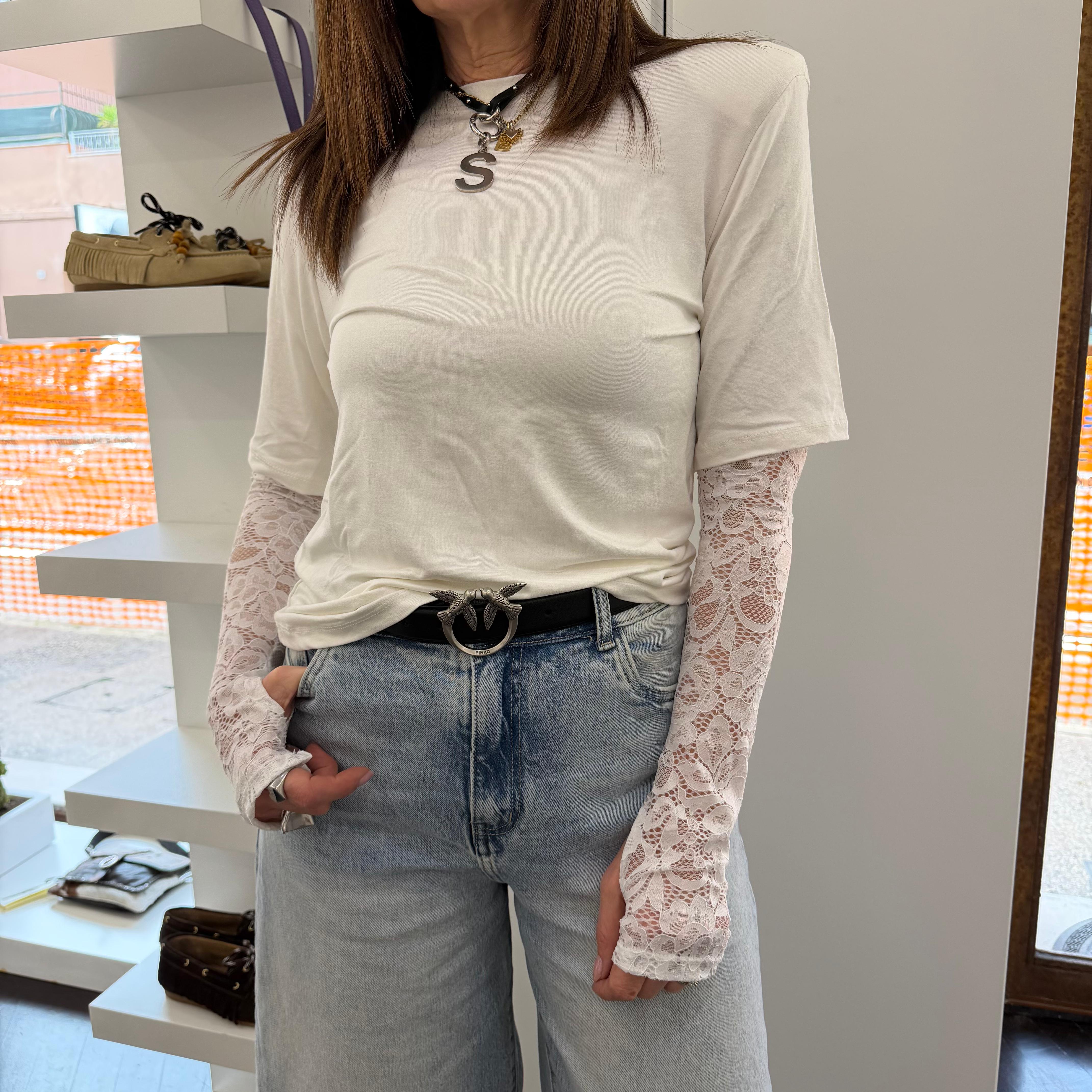 T-shirt bianca maniche lunghe in pizzo