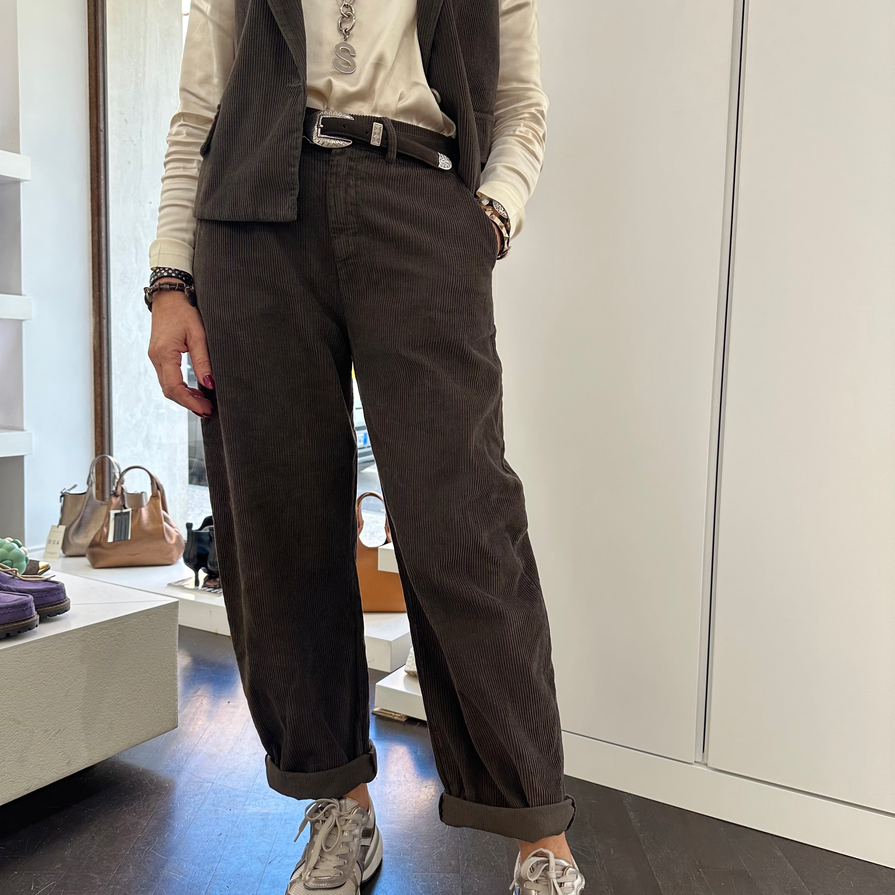 KIKISIX pantalone RIGHE VELLUTO moro