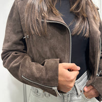 Giacca ZOE modello chiodo in vera pelle color moro suede