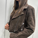 Giacca ZOE modello chiodo in vera pelle color moro suede