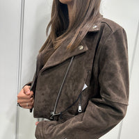 Giacca ZOE modello chiodo in vera pelle color moro suede