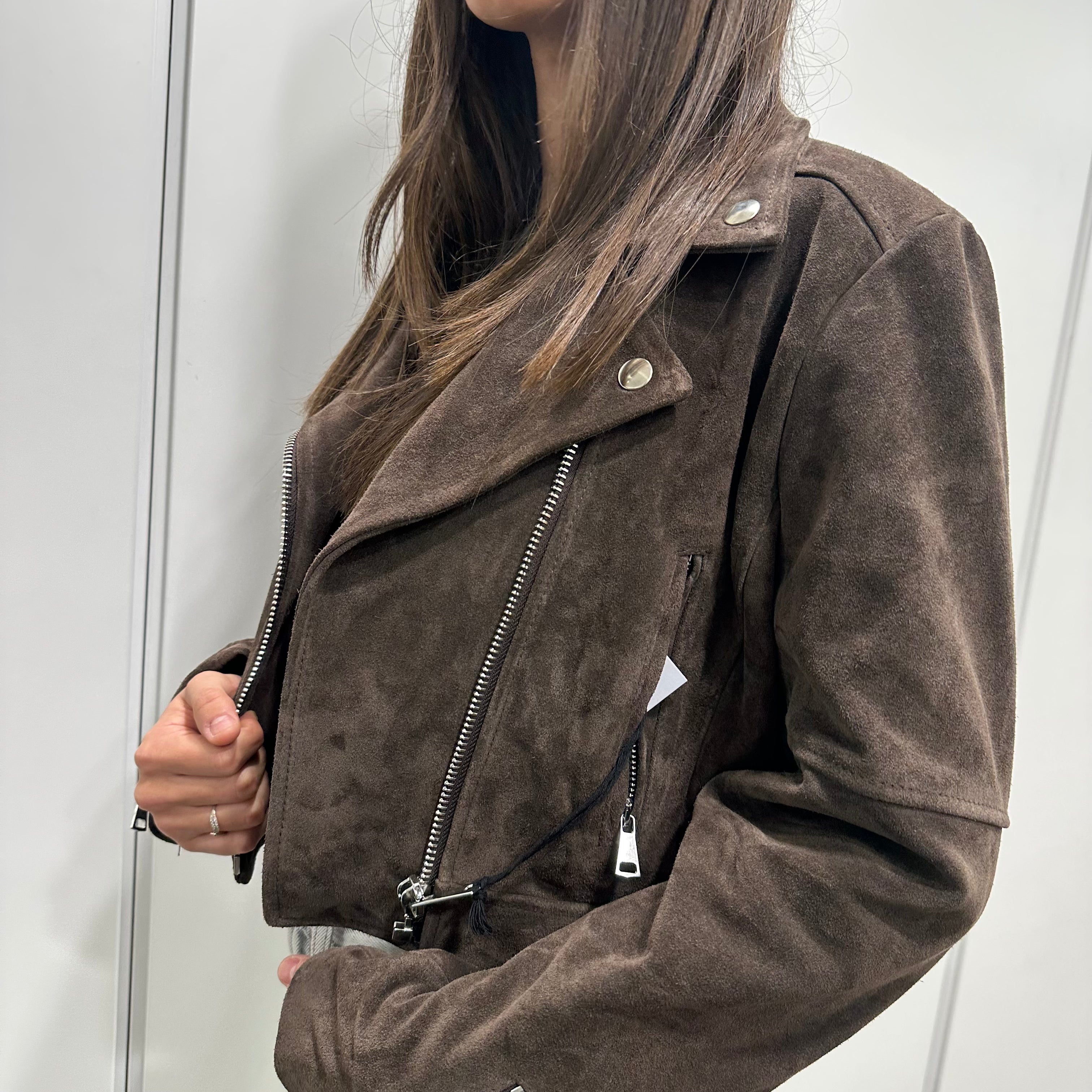 Giacca ZOE modello chiodo in vera pelle color moro suede