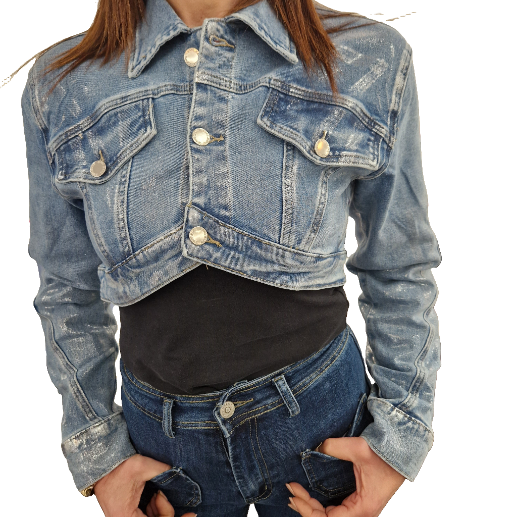 Giacca jeans laminatura argento