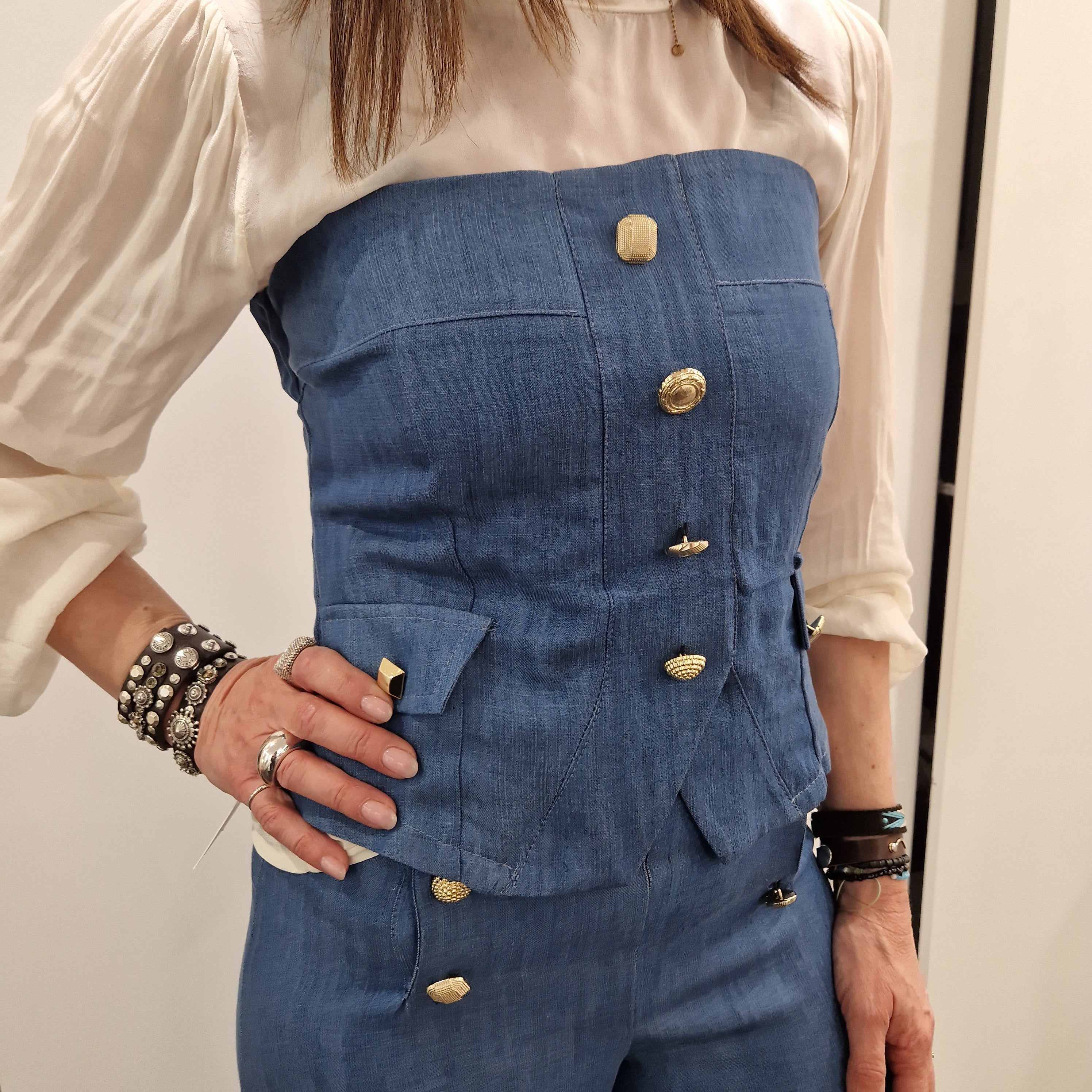 Top denim bottoni oro