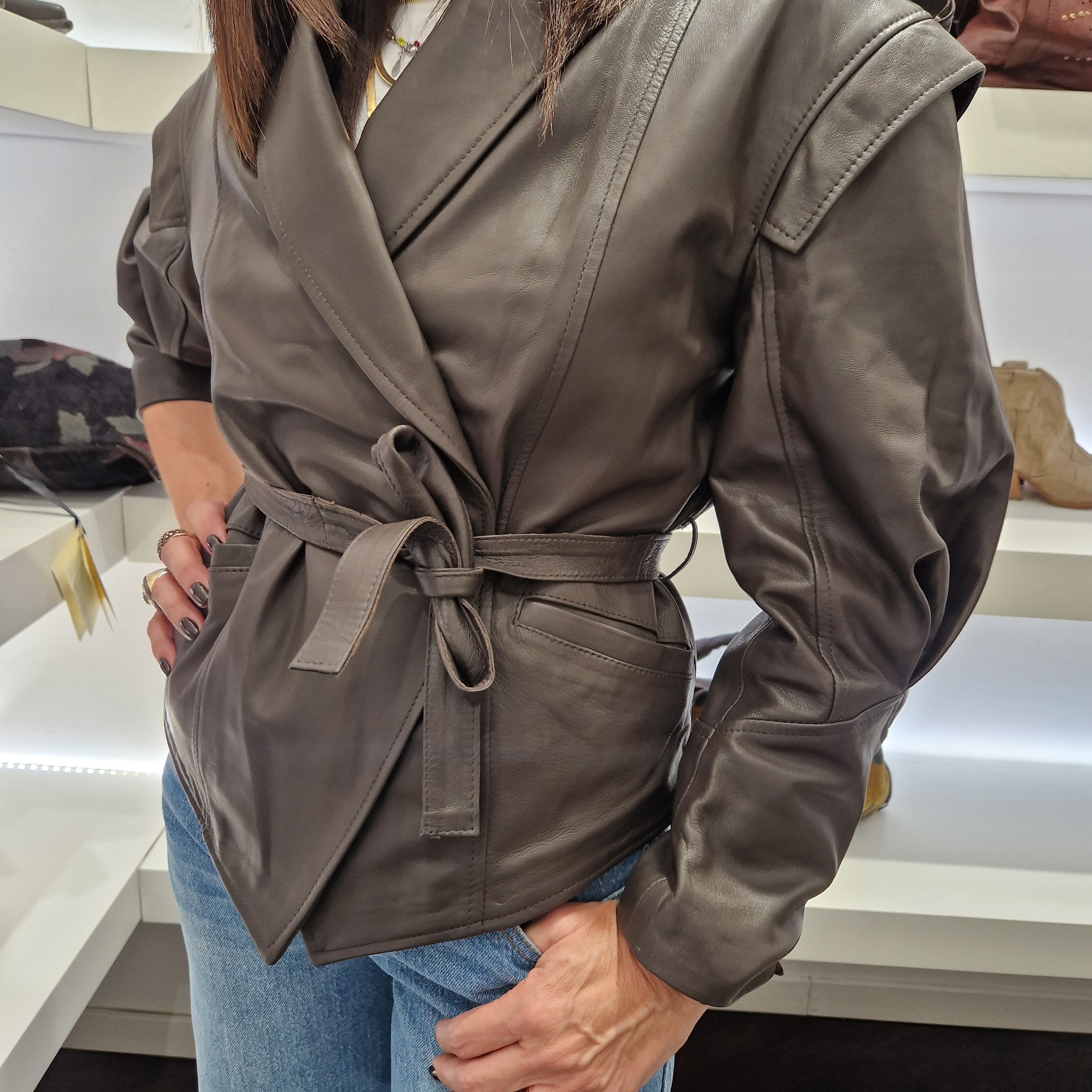 Giacca modello kimono MATRIX vera pelle color moro