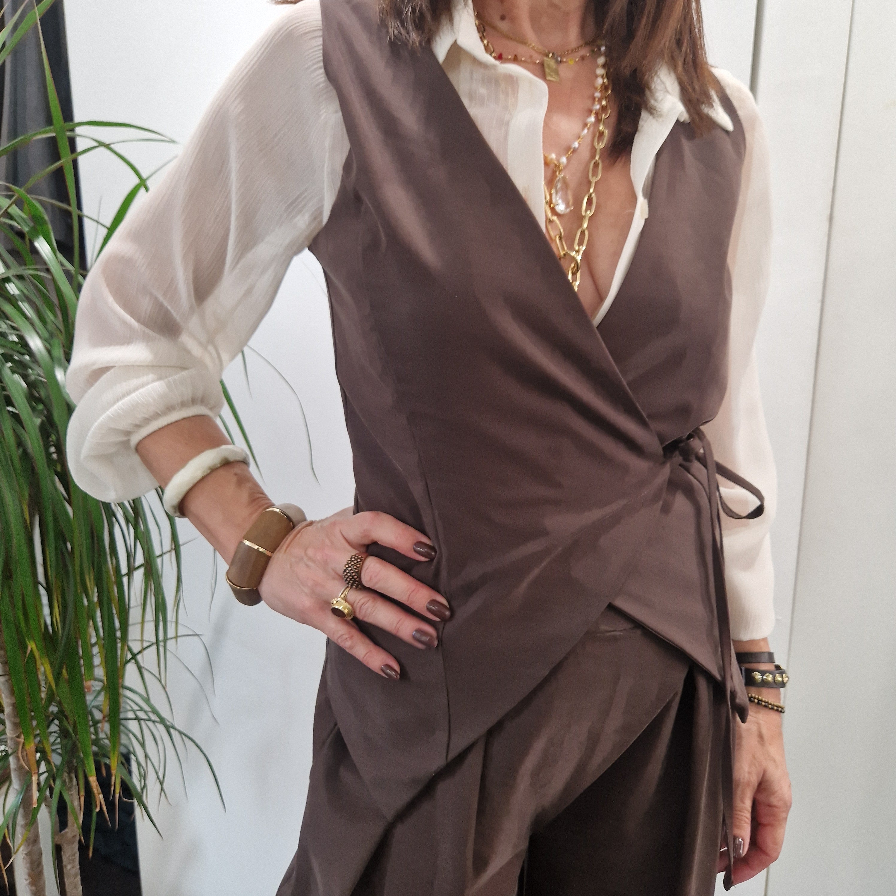 KIKISIX gilet STELLA con laccio laterale color t.moro